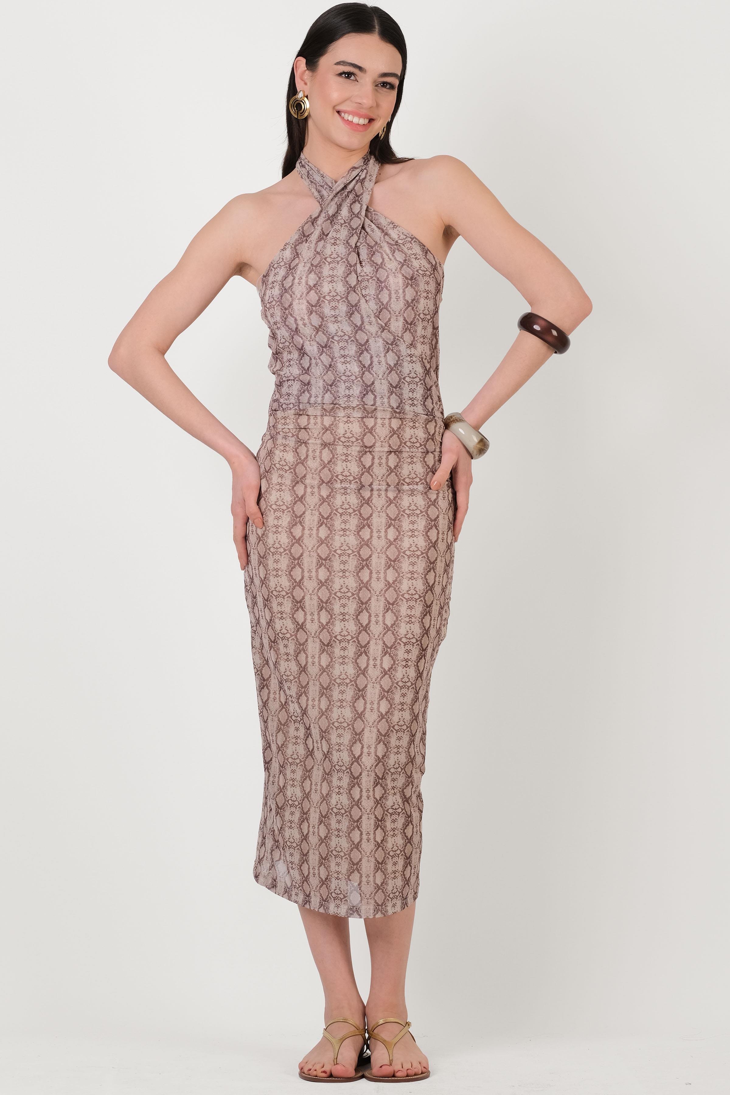 Evigan Halter Yaka Büzgülü Elbise BEJ