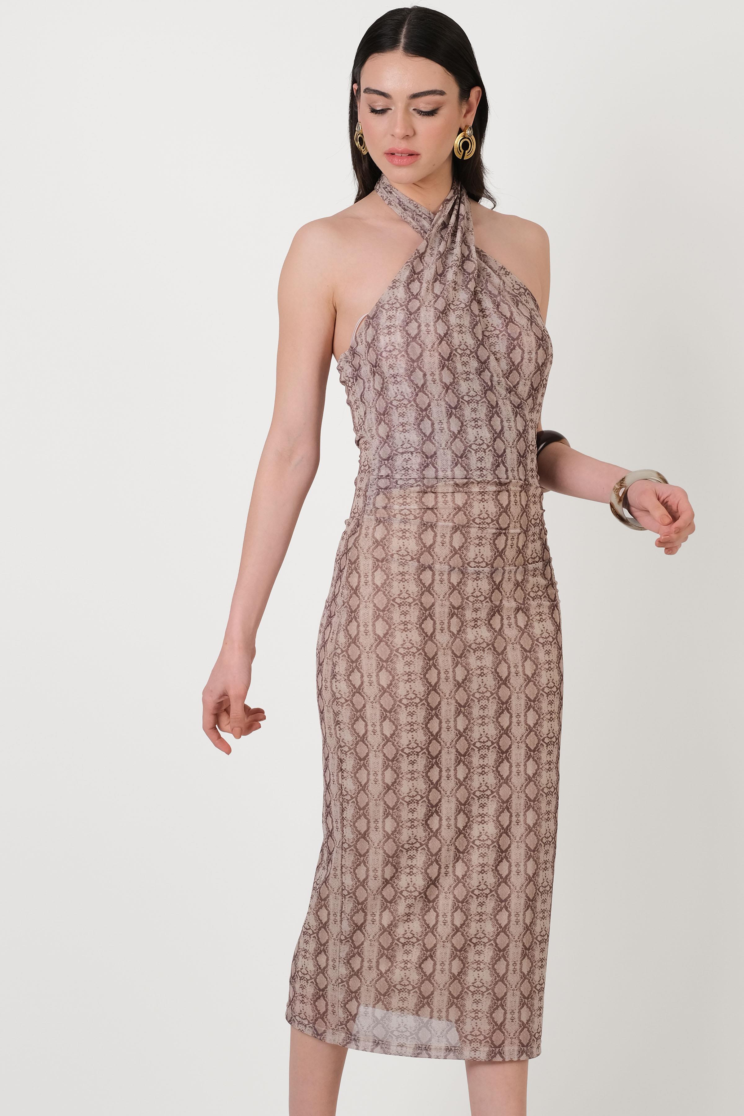 Evigan Halter Yaka Büzgülü Elbise BEJ