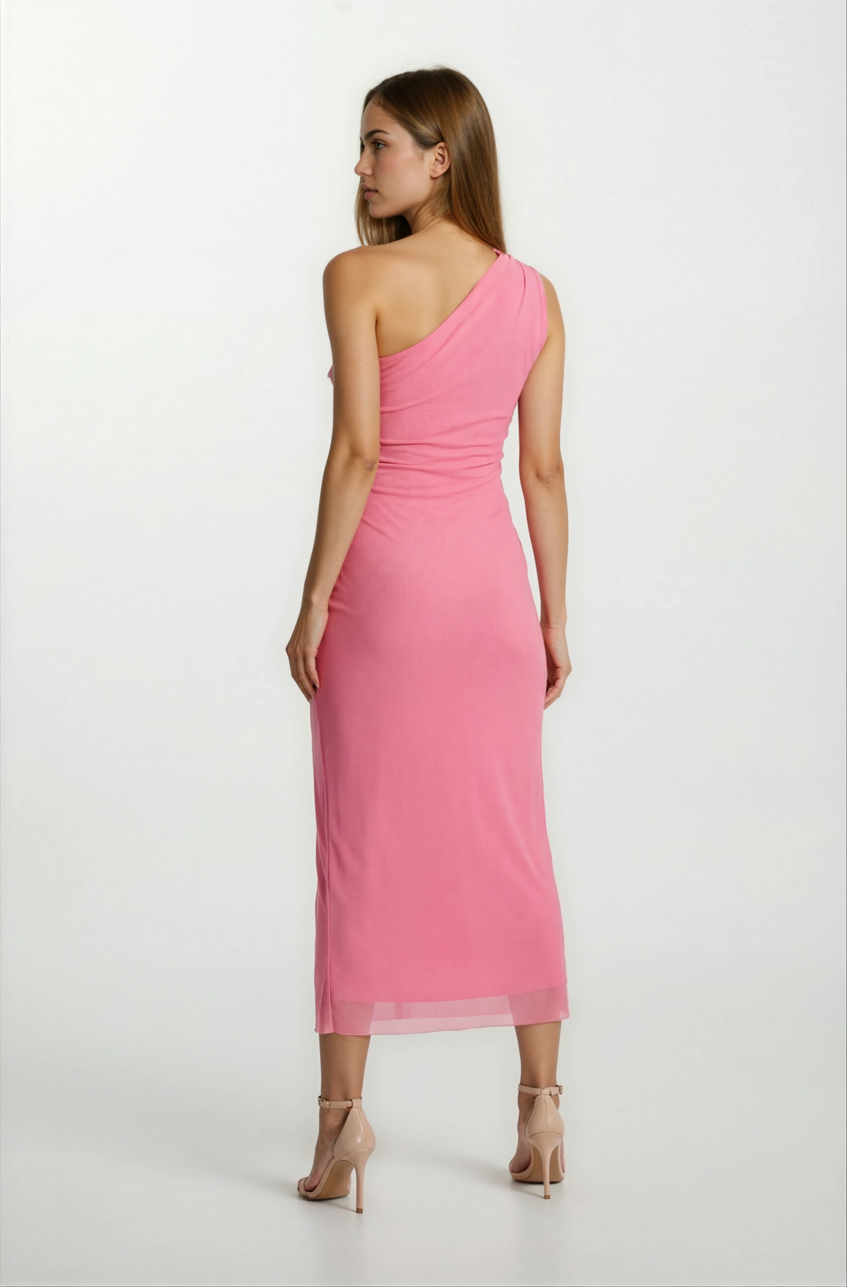 Falchetto Tek Omuz Yanı Büzgülü Midi Abiye Elbise PEMBE