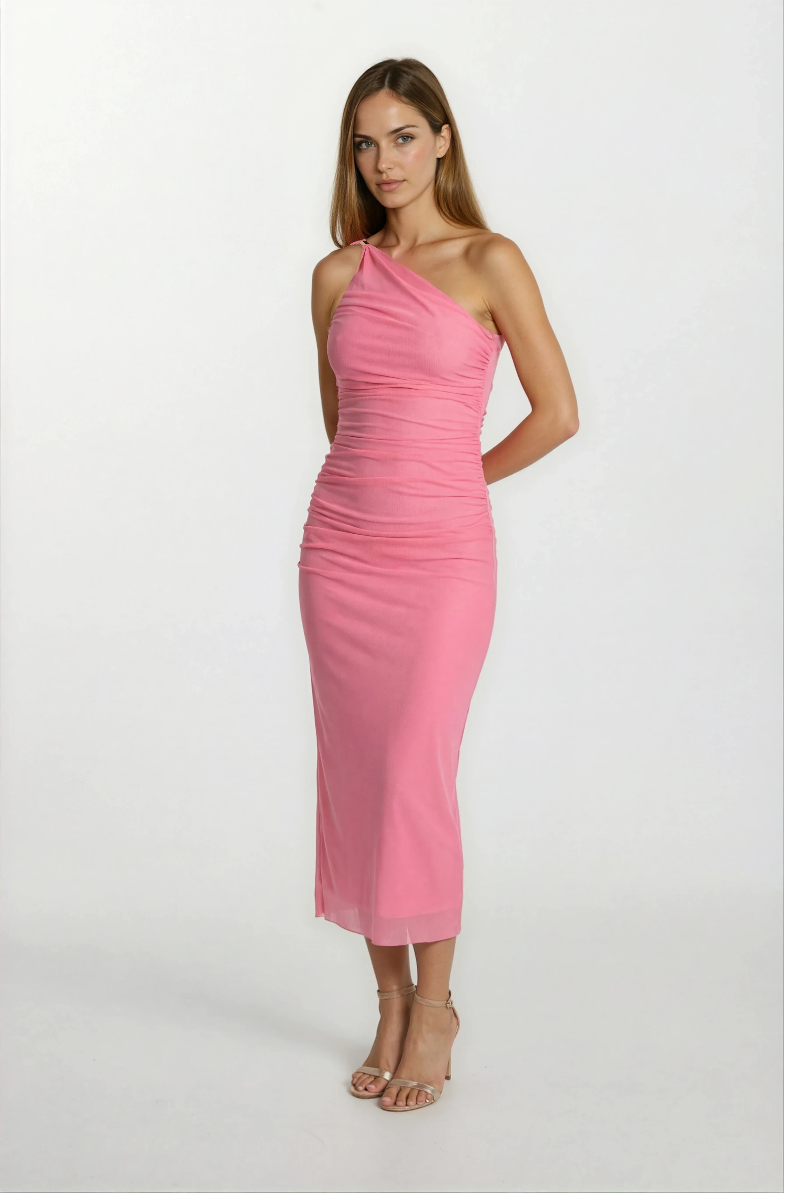 Falchetto Tek Omuz Yanı Büzgülü Midi Abiye Elbise PEMBE