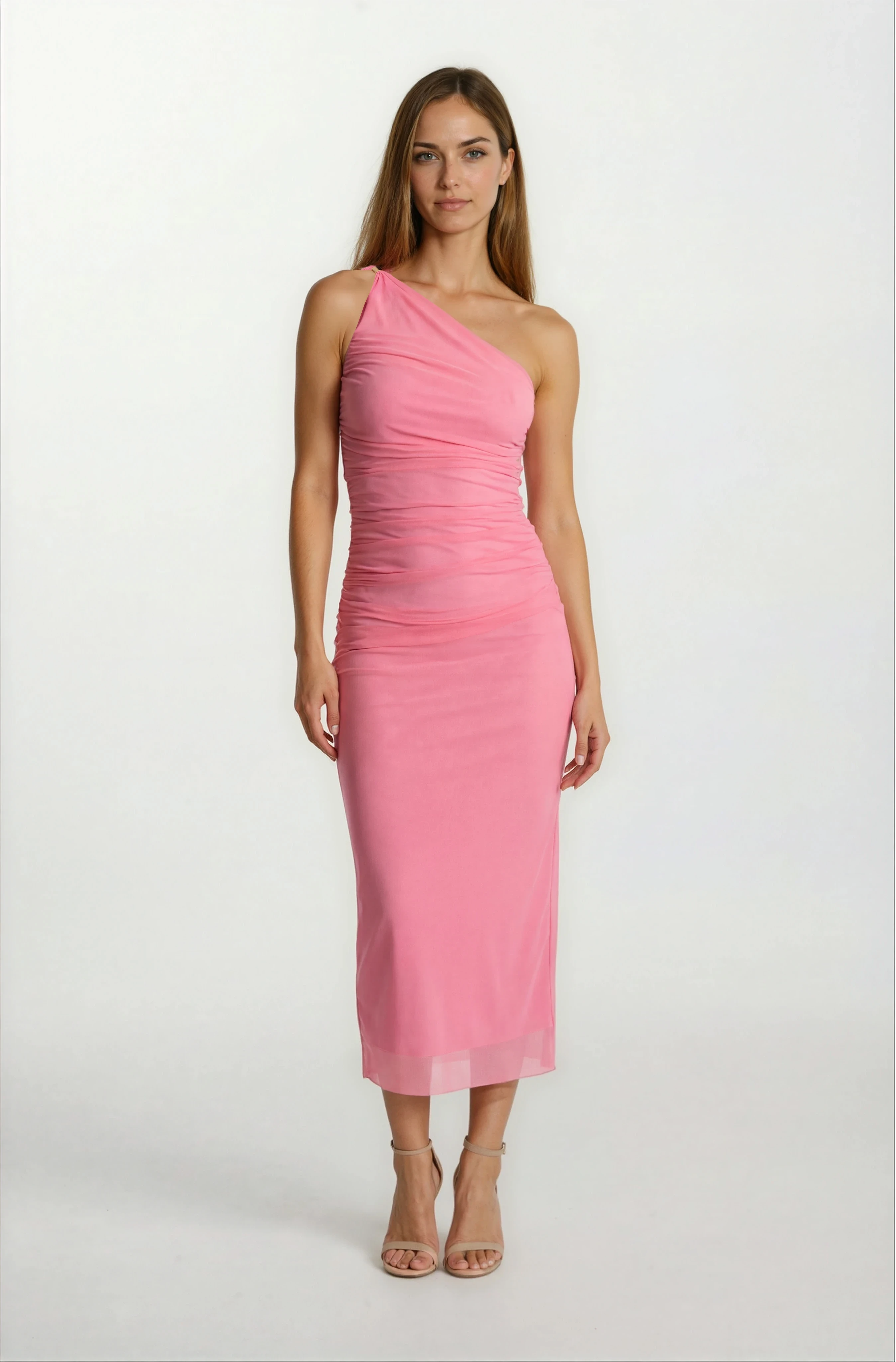 Falchetto Tek Omuz Yanı Büzgülü Midi Abiye Elbise PEMBE