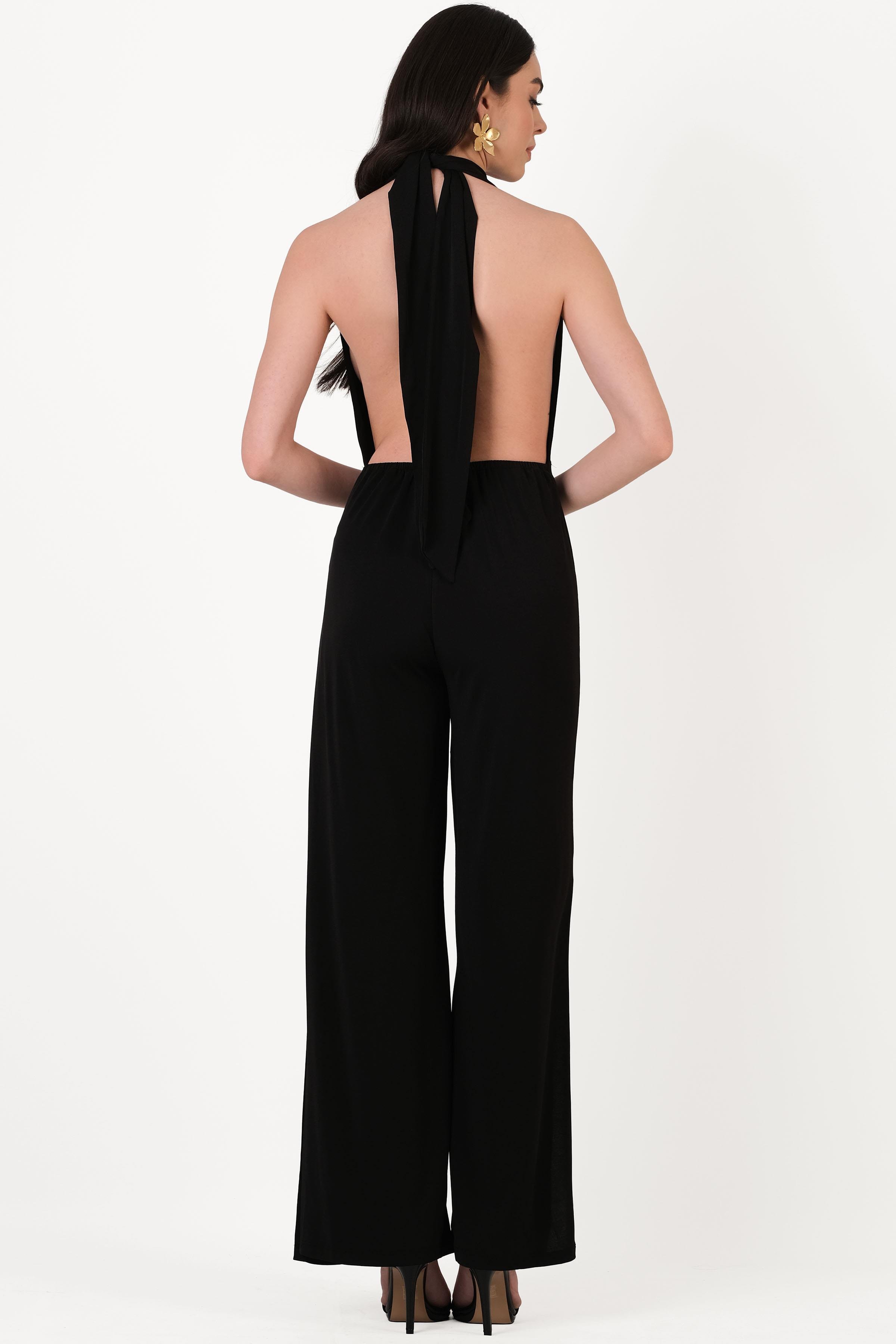 Falcon Degaje Yaka Boyundan Bağlamalı Abiye Tulum SİYAH