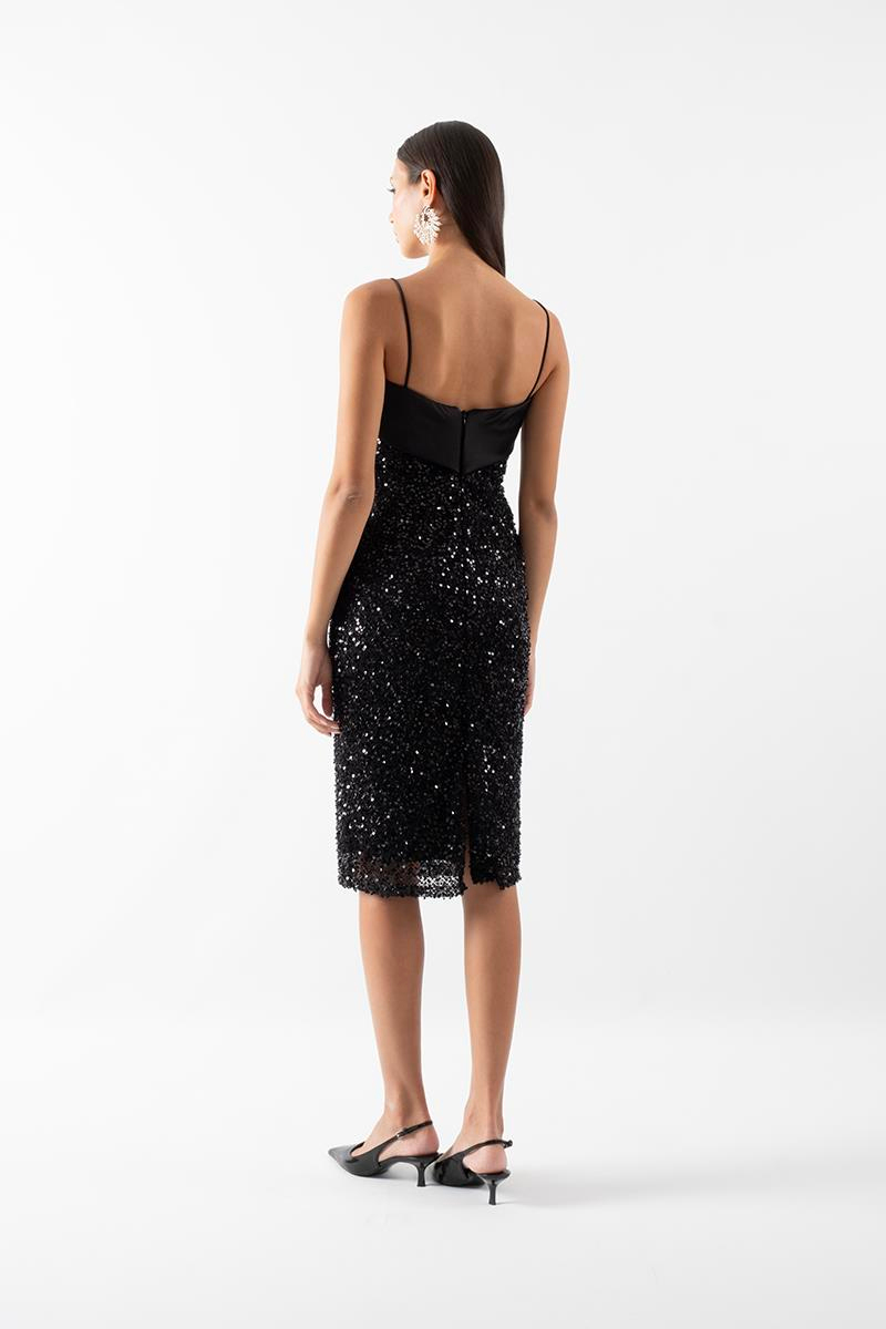 Farrell İnce İp Askılı Kare Yaka Kalem Kısa Abiye Elbise SİYAH