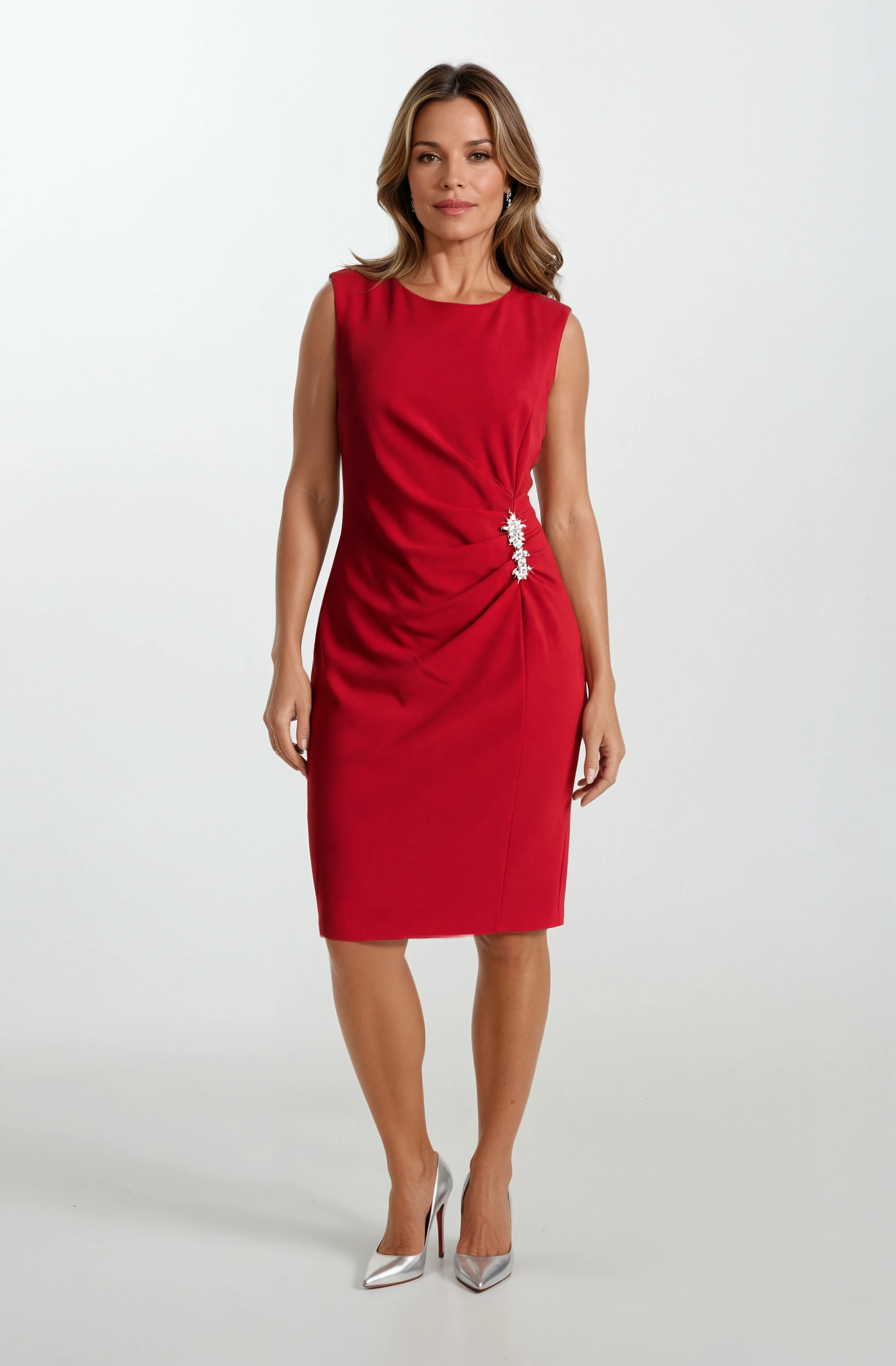 Farris Yuvarlak Yaka Yanı Taş Aksesuar Detaylı Midi Abiye Elbise KIRMIZI