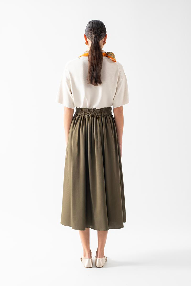 Faulker Arka Bel Lastikli Önü Pileli Etek HAKİ