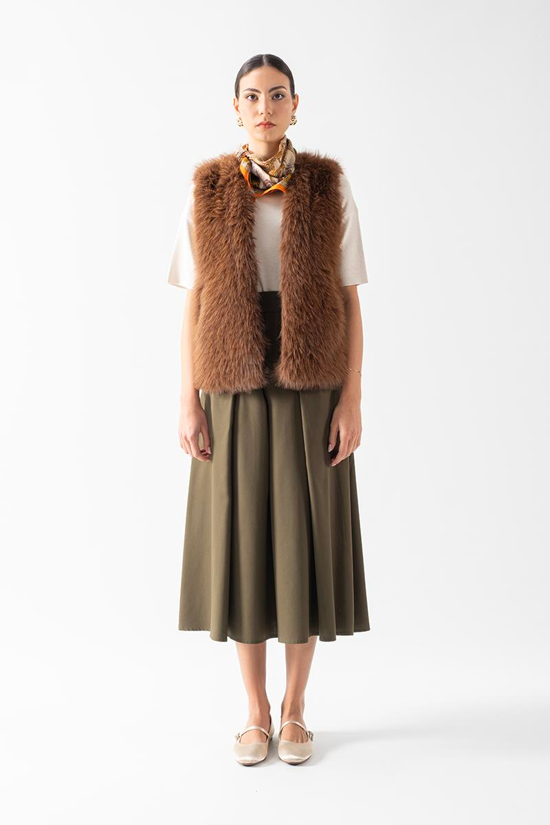 Faulker Arka Bel Lastikli Önü Pileli Etek HAKİ