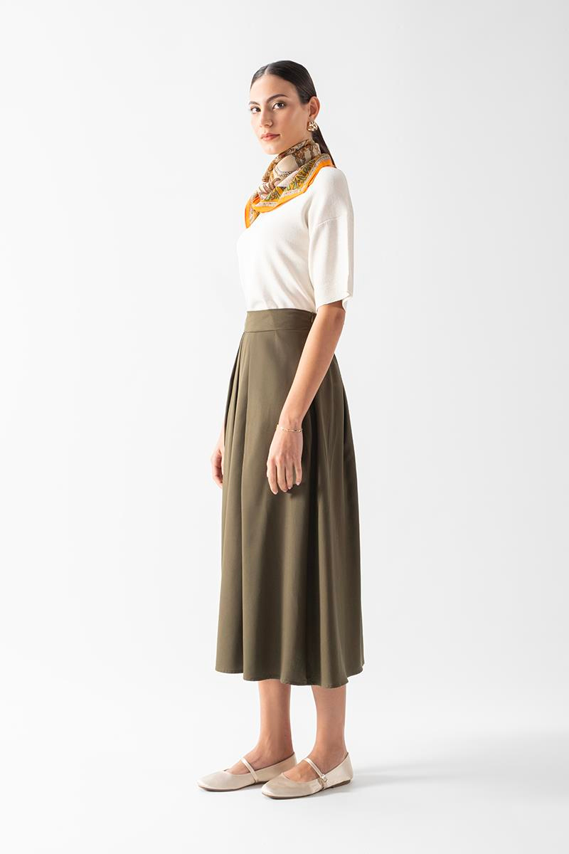 Faulker Arka Bel Lastikli Önü Pileli Etek HAKİ