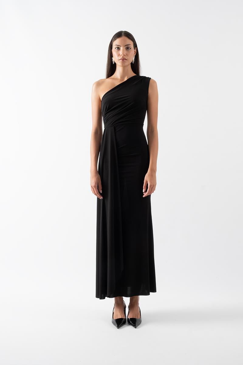 Fawcett Tek Omuz Bele Oturan Yandan Şal Detaylı Uzun Abiye Elbise SİYAH