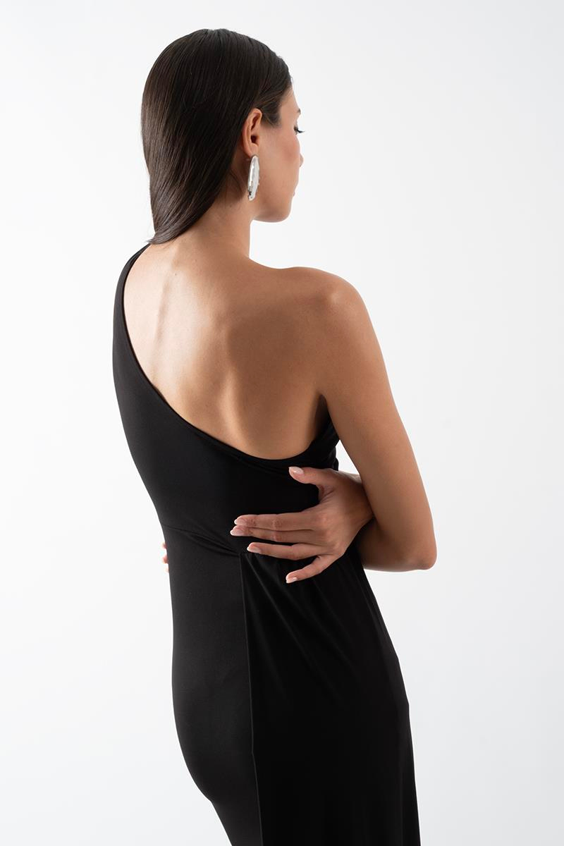 Fawcett Tek Omuz Bele Oturan Yandan Şal Detaylı Uzun Abiye Elbise SİYAH