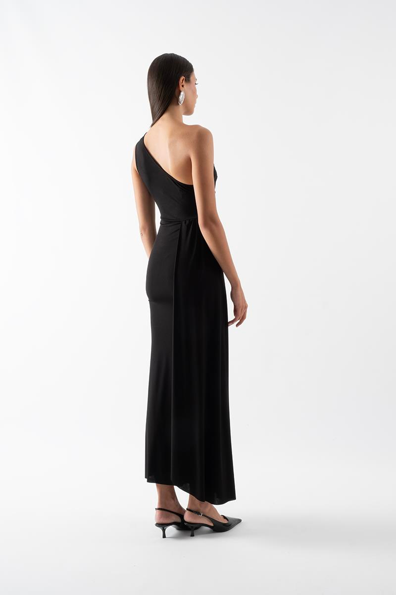 Fawcett Tek Omuz Bele Oturan Yandan Şal Detaylı Uzun Abiye Elbise SİYAH