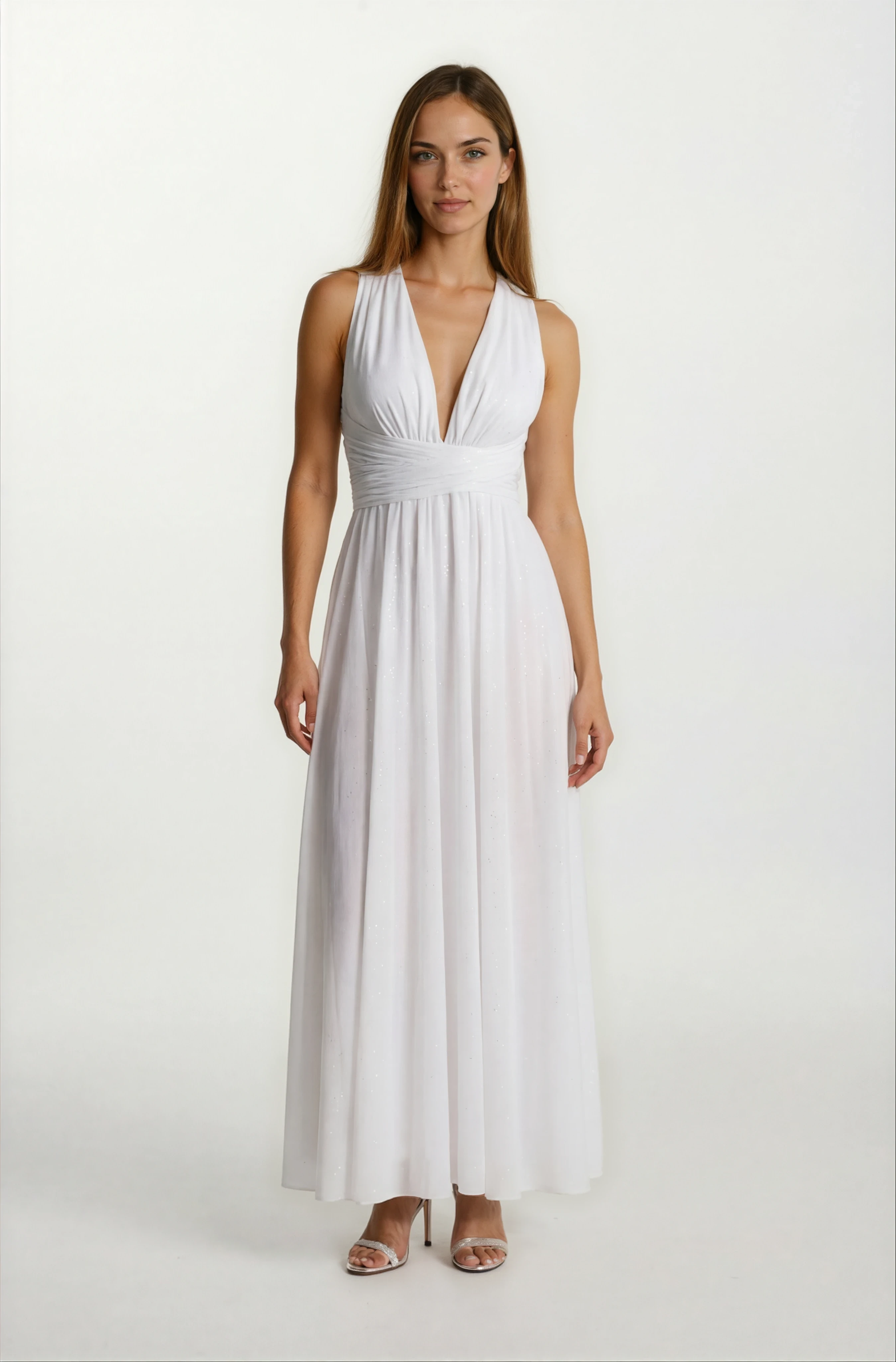 Felyng V Yaka Sırt Çarpraz Askılı Uzun Abiye Elbise EKRU