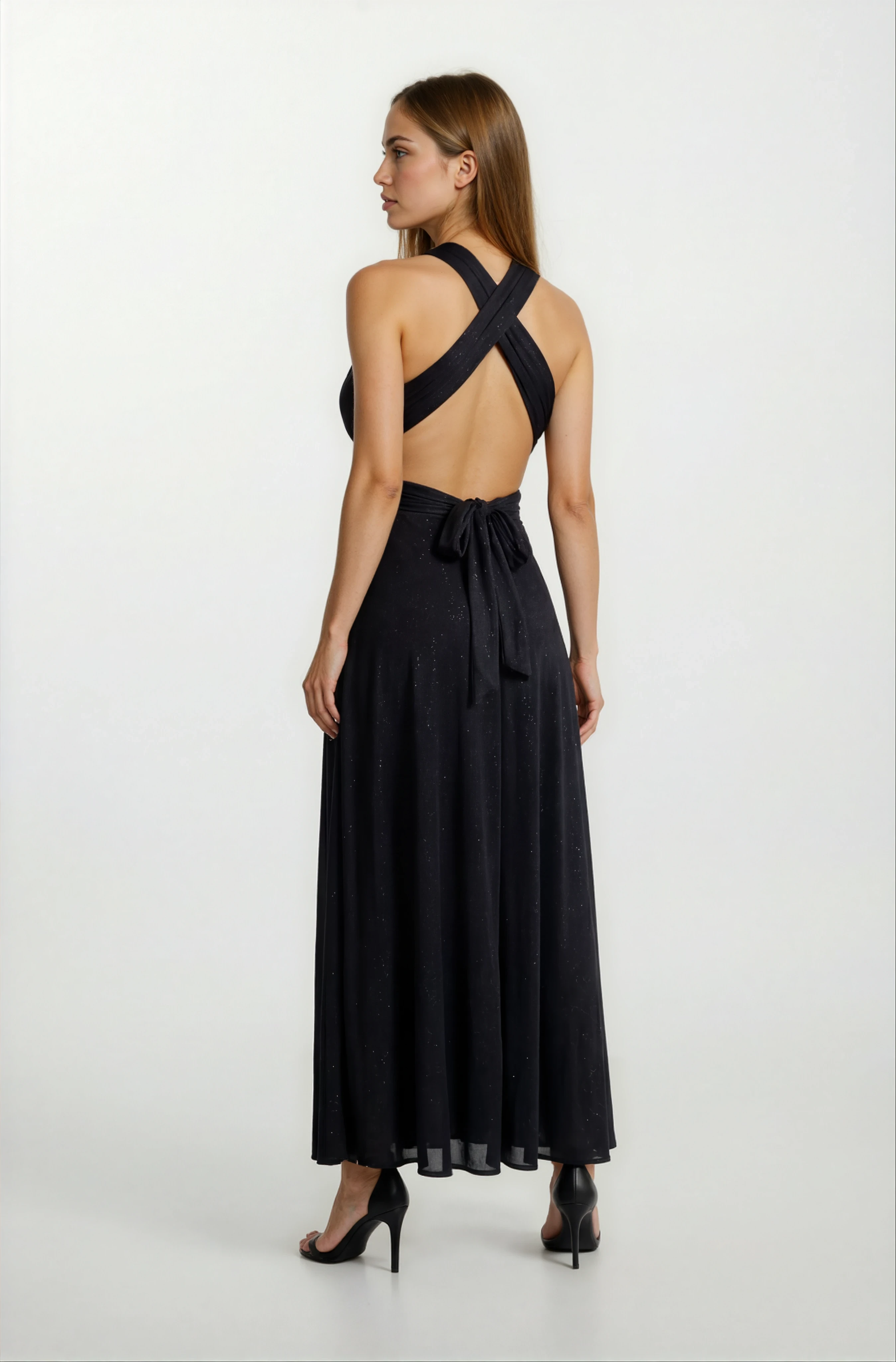 Felyng V Yaka Sırt Çarpraz Askılı Uzun Abiye Elbise SİYAH