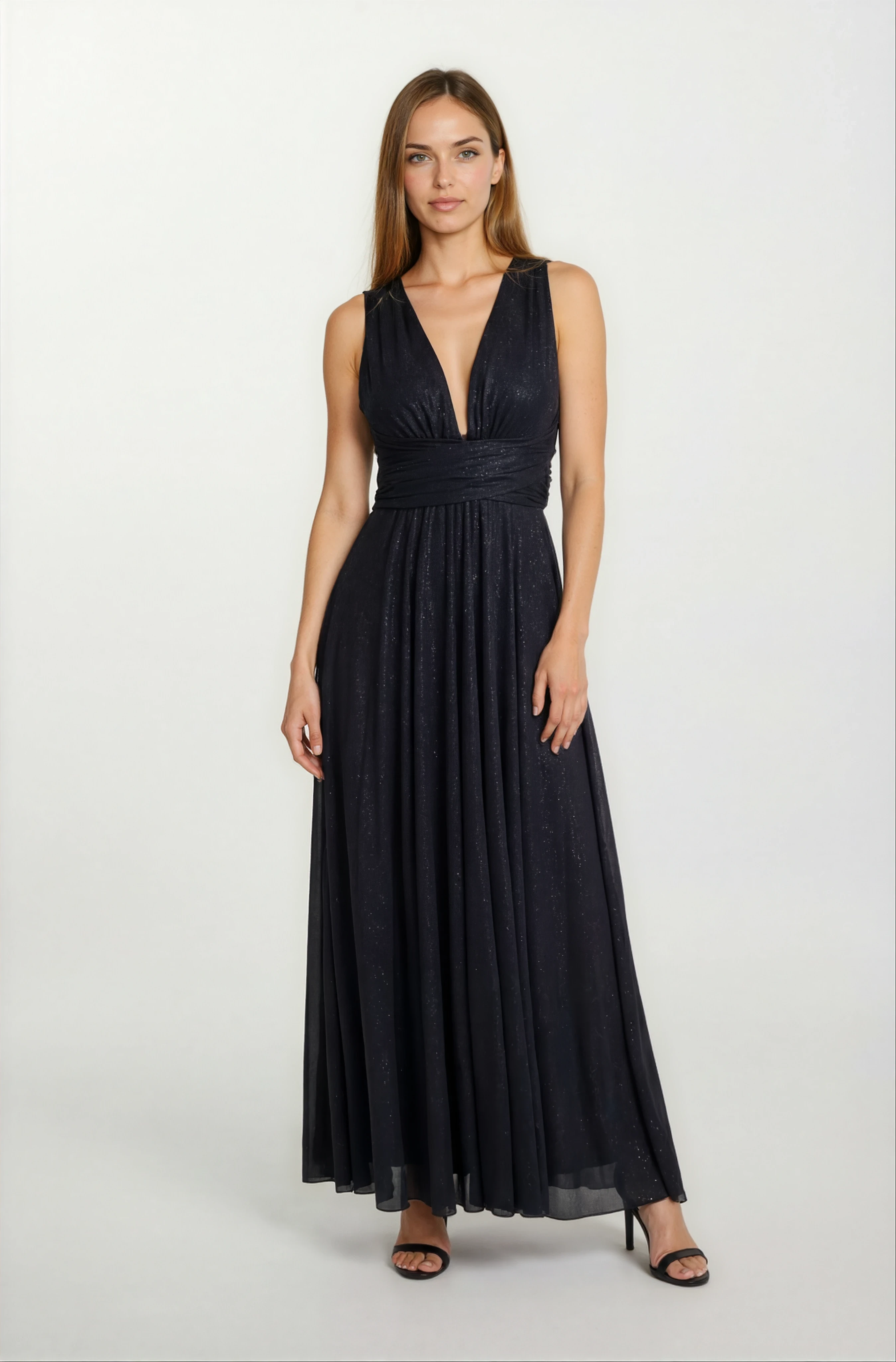 Felyng V Yaka Sırt Çarpraz Askılı Uzun Abiye Elbise SİYAH