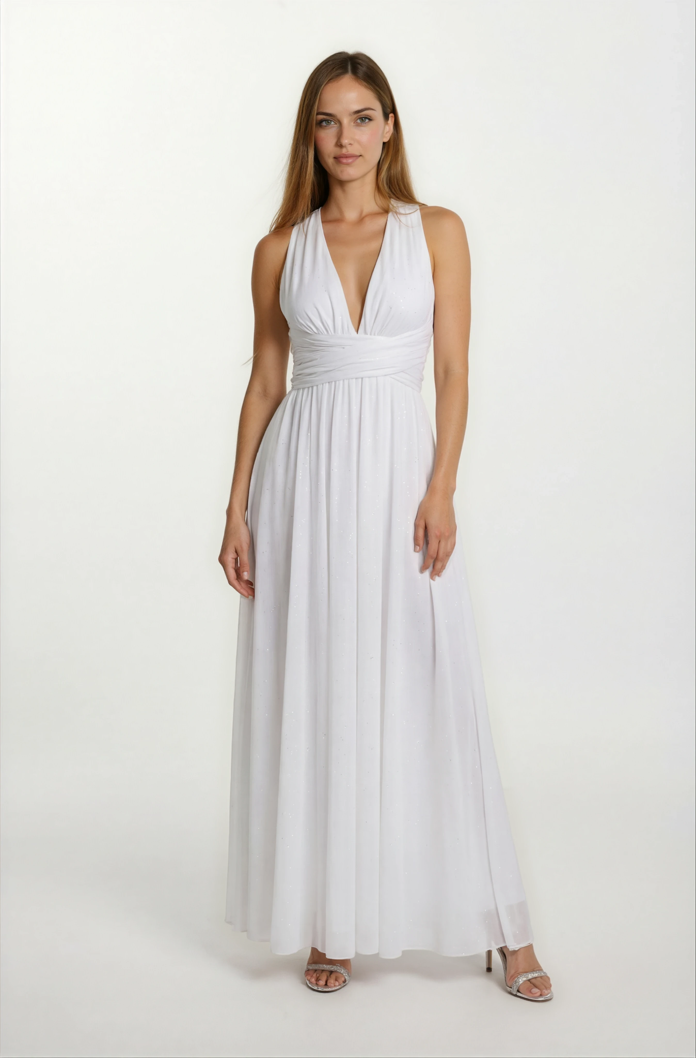 Felyng V Yaka Sırt Çarpraz Askılı Uzun Abiye Elbise EKRU