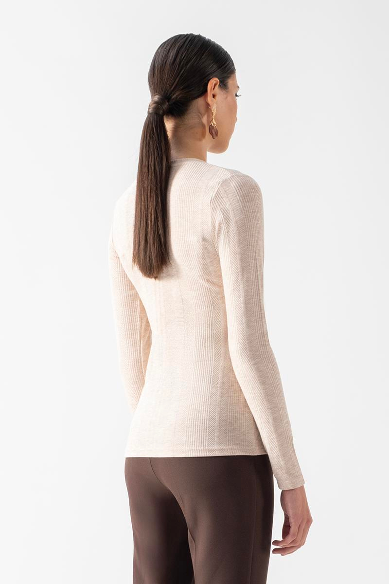 Fenwick V Yaka Uzun Kol Triko Bluz BEJ