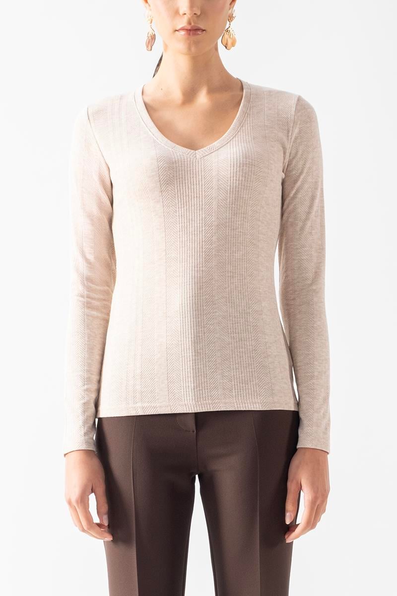 Fenwick V Yaka Uzun Kol Triko Bluz BEJ