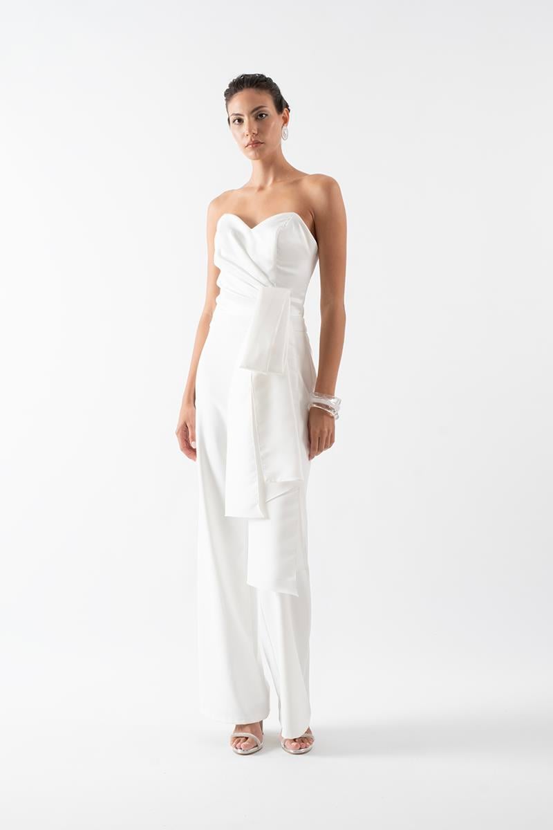 Ferracini Kalp Yaka Straplez Belde Asimetrik Kuşak Abiye Tulum EKRU