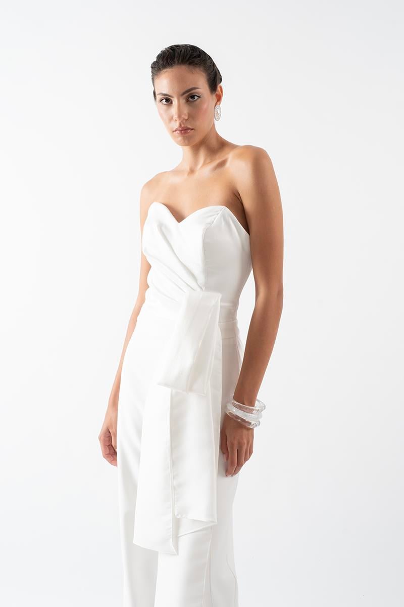 Ferracini Kalp Yaka Straplez Belde Asimetrik Kuşak Abiye Tulum EKRU