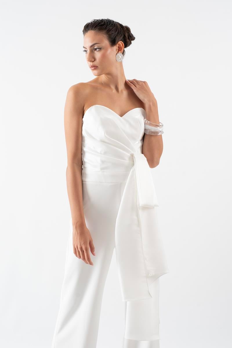 Ferracini Kalp Yaka Straplez Belde Asimetrik Kuşak Abiye Tulum EKRU