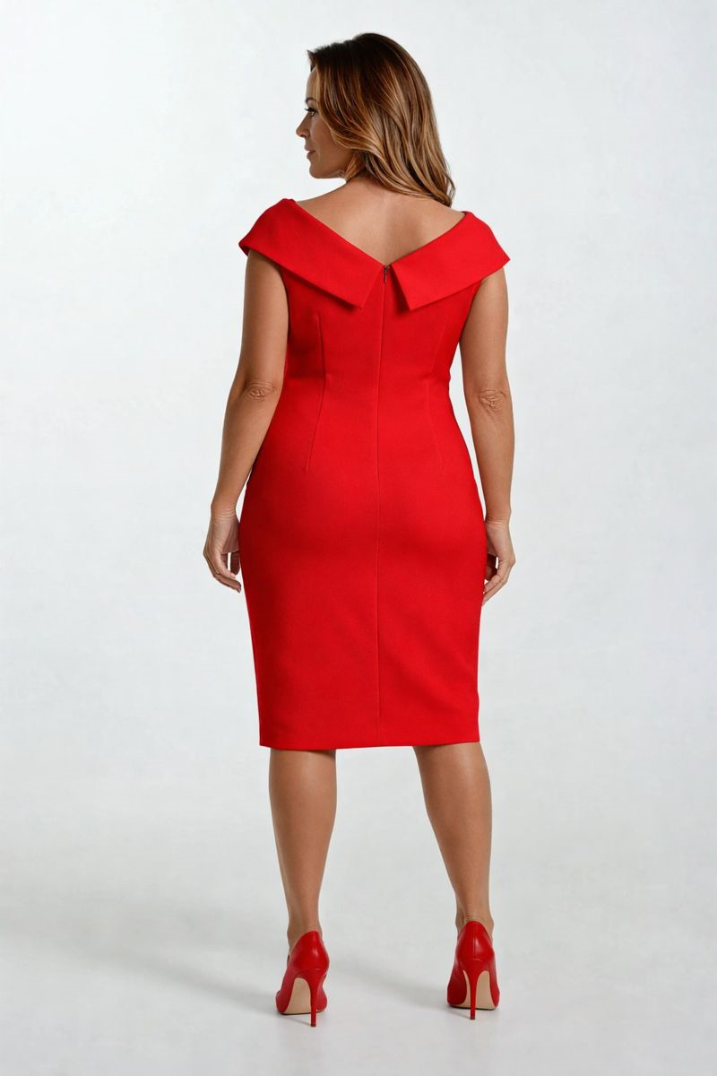 Ferzetti Kuruvaze Omuz Pileli Yırtmaçlı Midi Abiye Elbise KIRMIZI