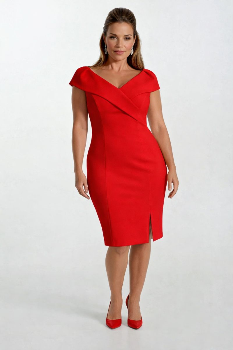 Ferzetti Kuruvaze Omuz Pileli Yırtmaçlı Midi Abiye Elbise KIRMIZI