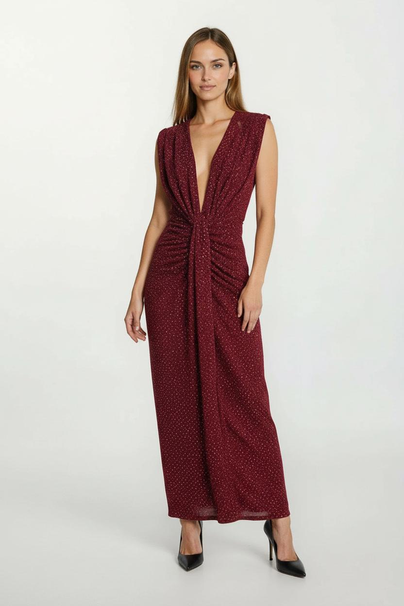 Finsches Omuz Pileli Önü Derin V Taşlı Uzun Abiye Elbise BORDO