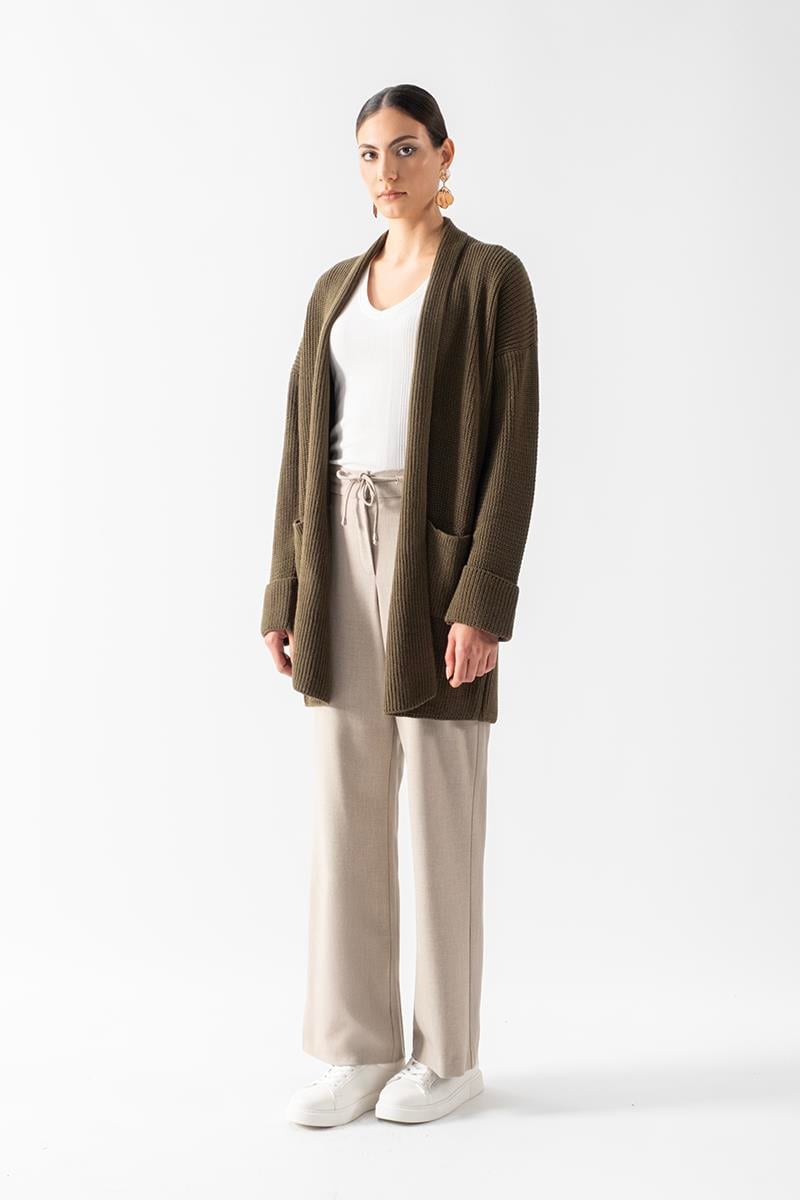 Fioravanti Şal Yaka Cepli Triko Hırka HAKİ