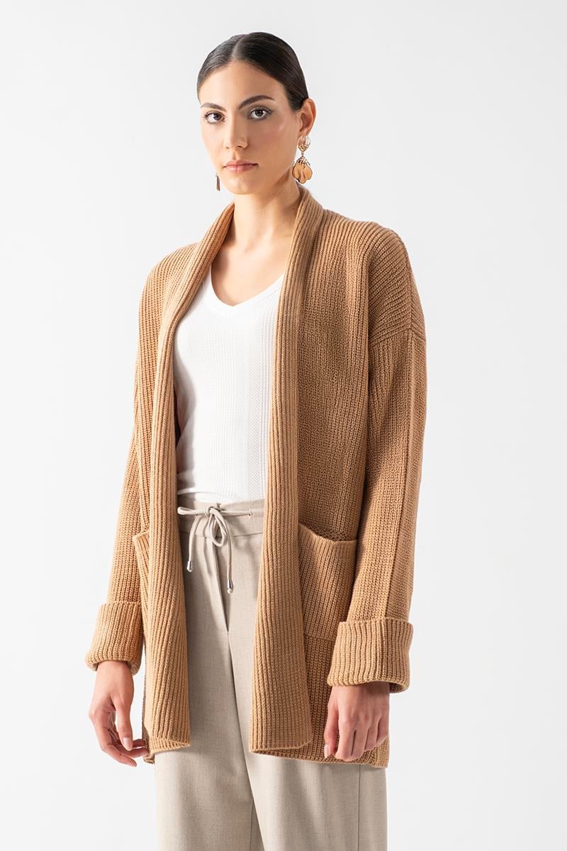 Fioravanti Şal Yaka Cepli Triko Hırka CAMEL