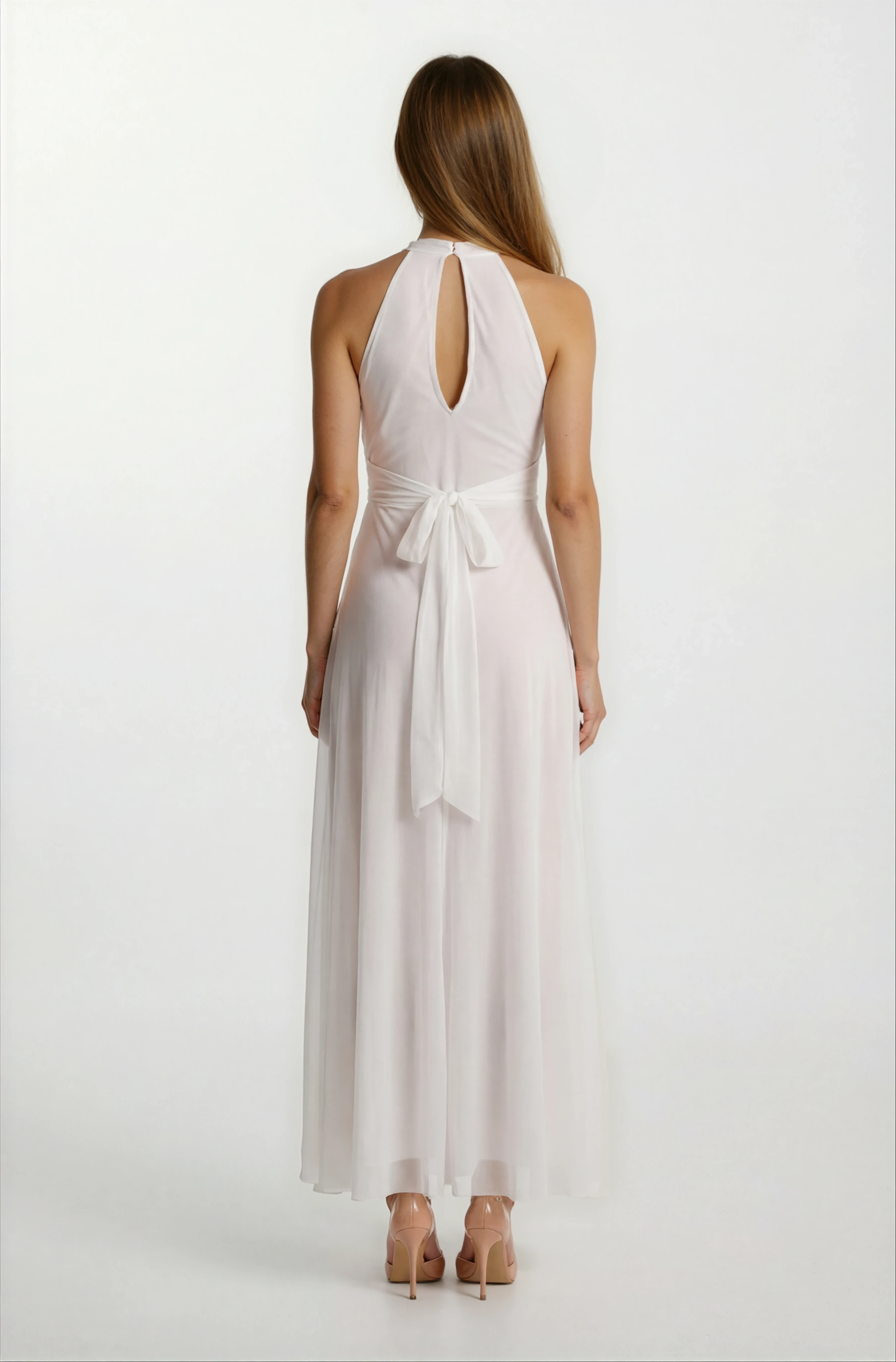 Firenze V Yaka Boyundan Bağlı Uzun Abiye Elbise BEYAZ