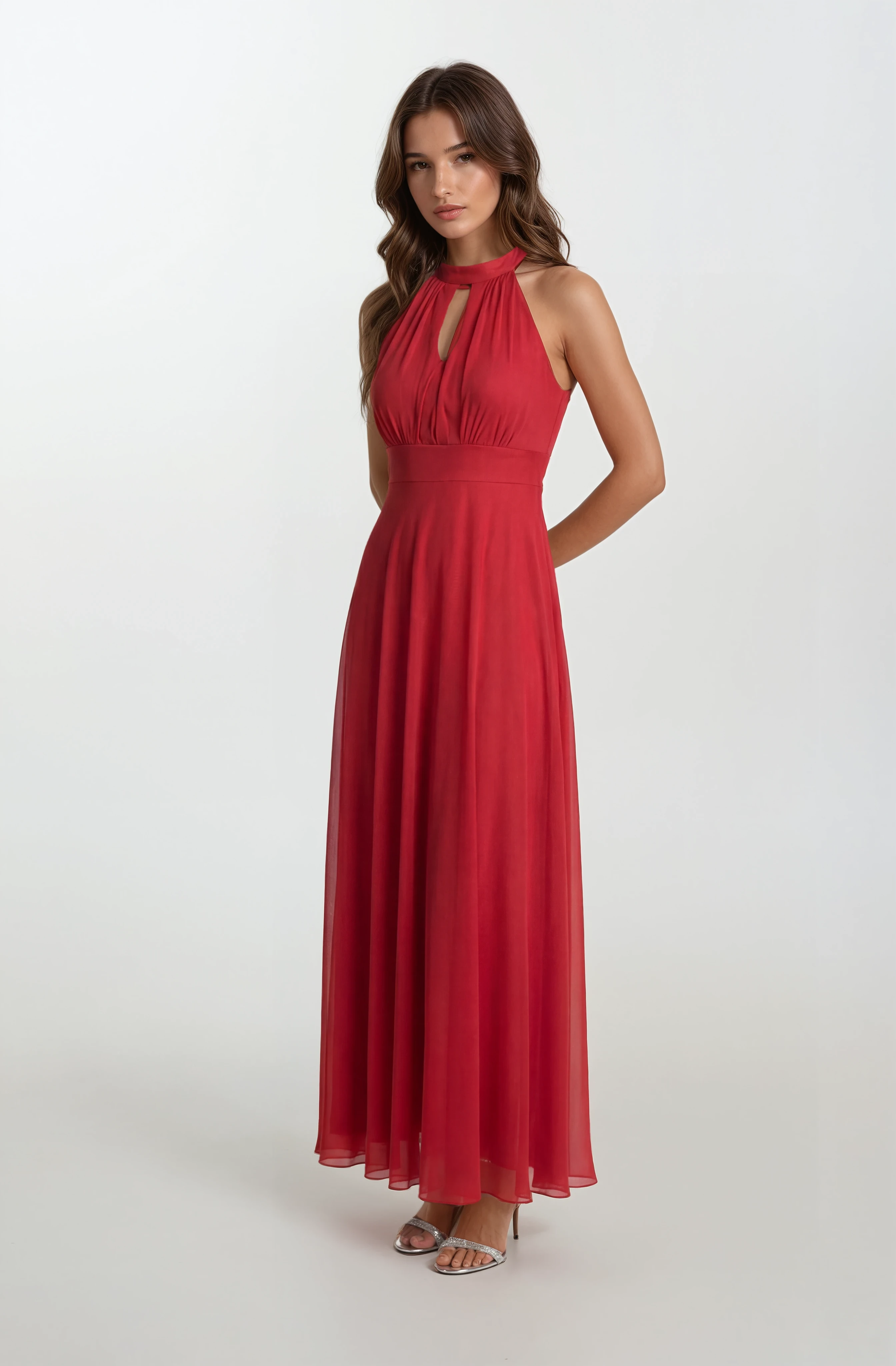 Firenze V Yaka Boyundan Bağlı Uzun Abiye Elbise KIRMIZI