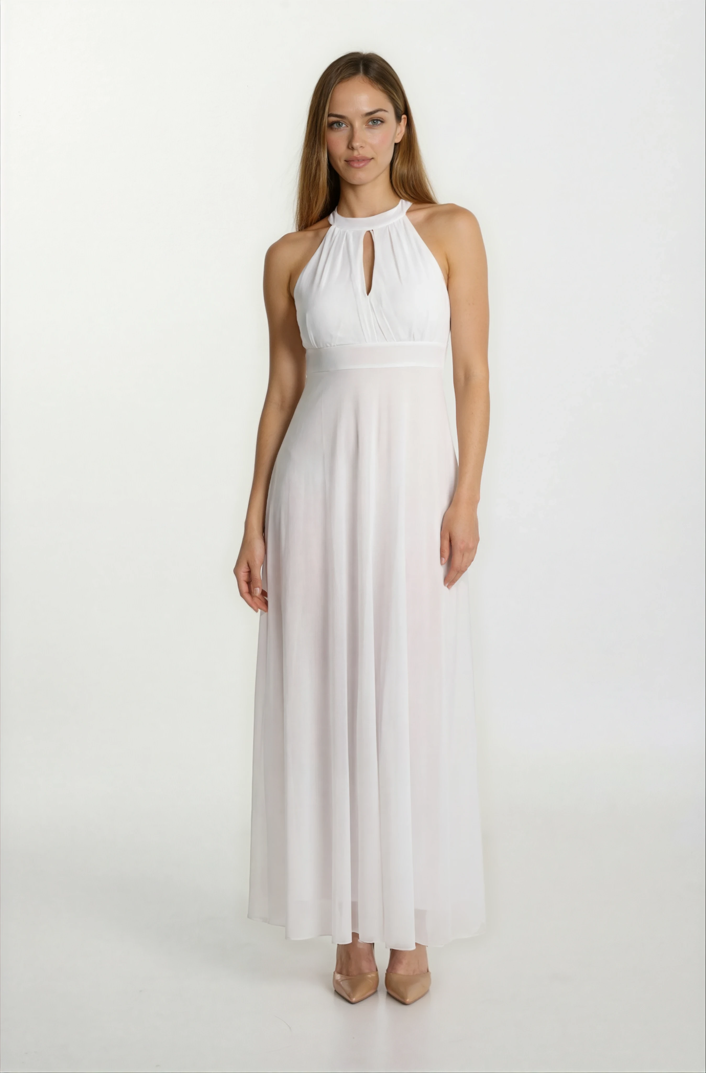 Firenze V Yaka Boyundan Bağlı Uzun Abiye Elbise BEYAZ