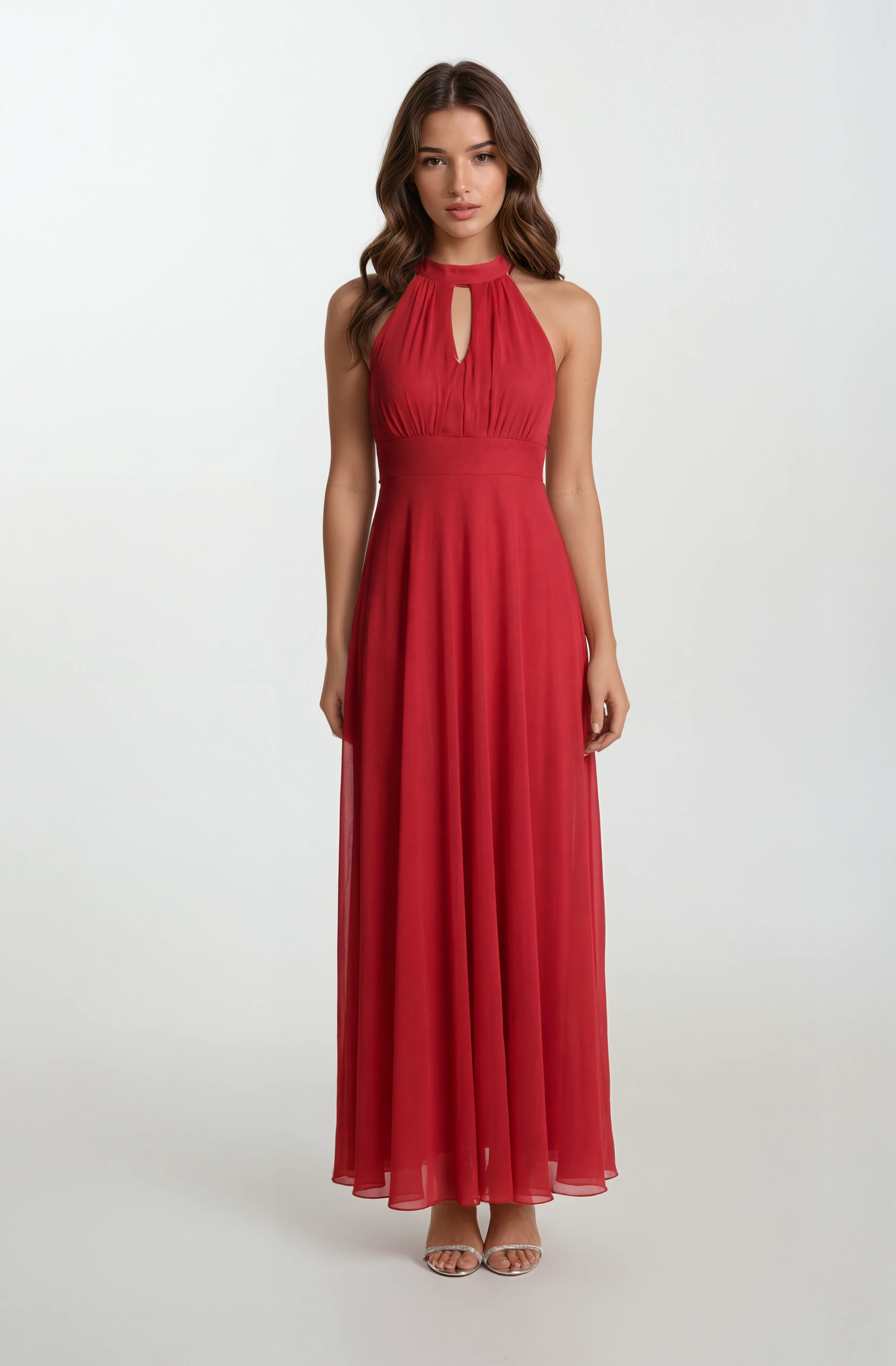 Firenze V Yaka Boyundan Bağlı Uzun Abiye Elbise KIRMIZI