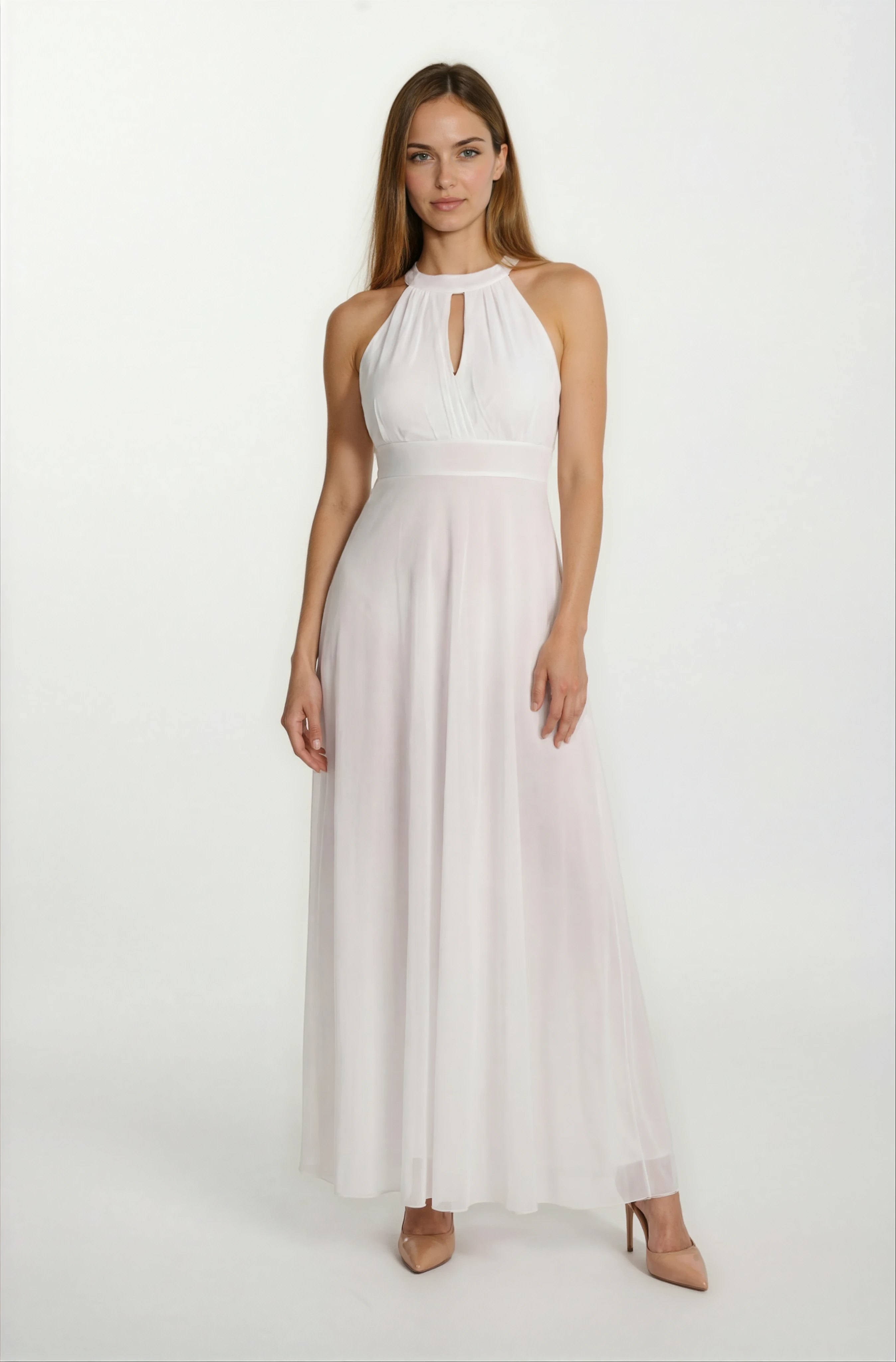 Firenze V Yaka Boyundan Bağlı Uzun Abiye Elbise BEYAZ