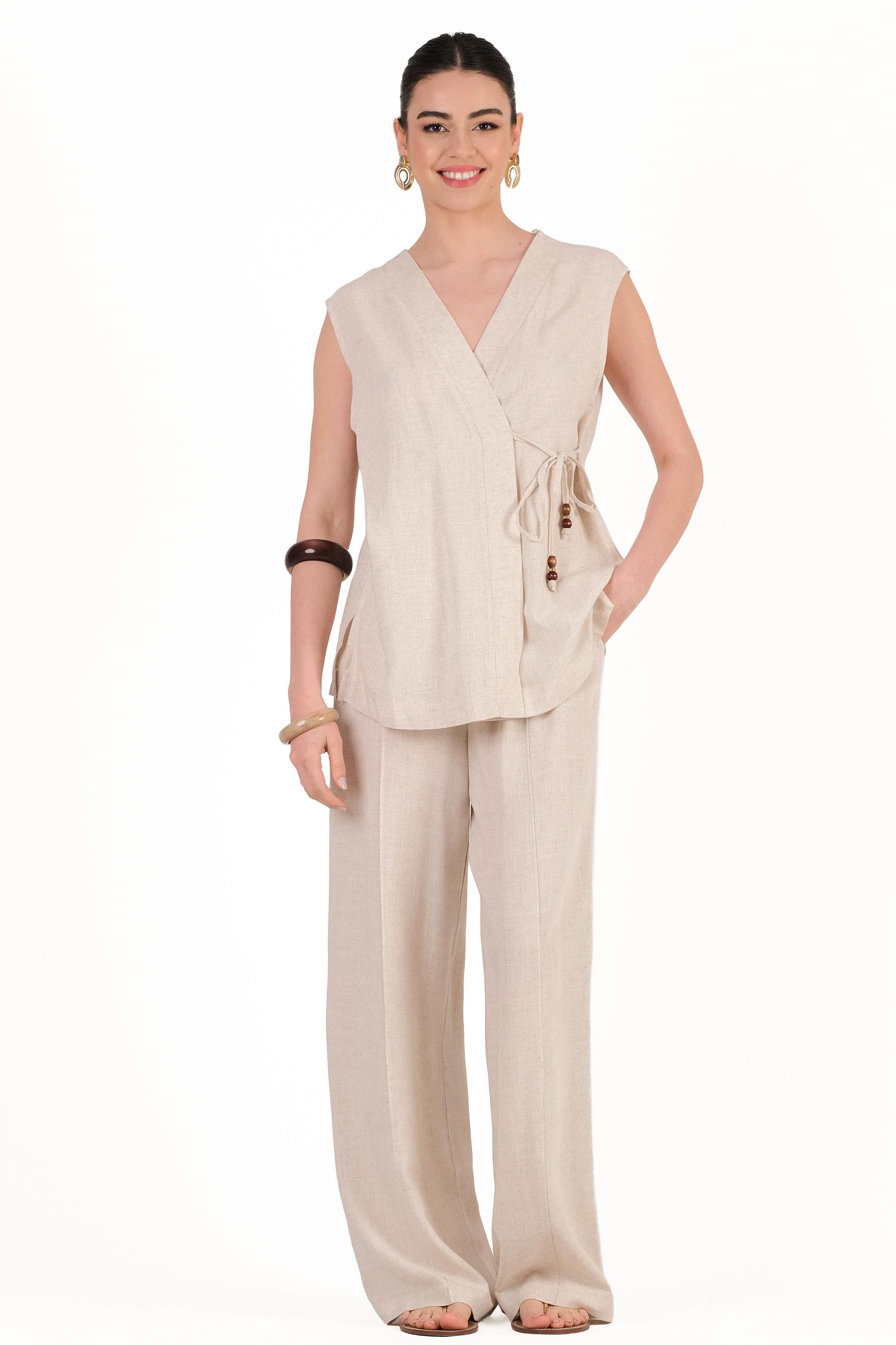 Flammin V Yaka Anvelop Bağcıklı Bluz BEJ