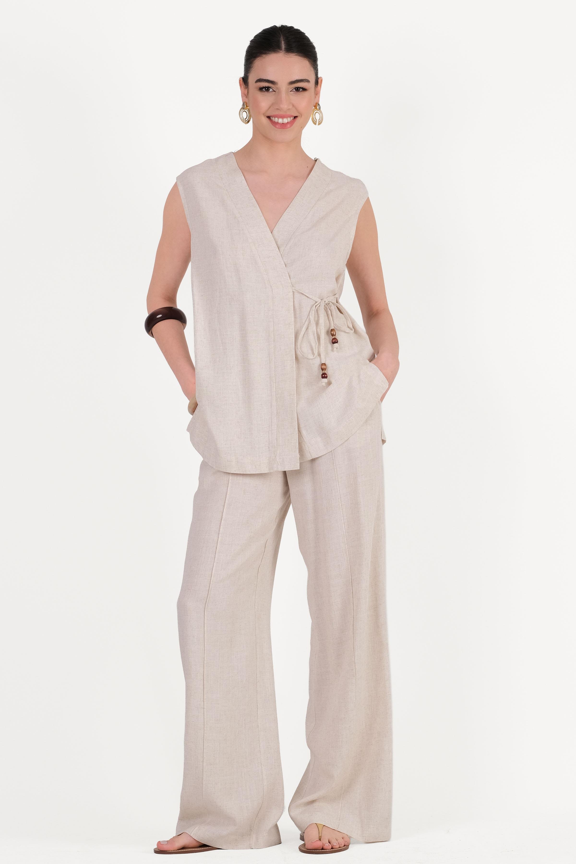 Flammin V Yaka Anvelop Bağcıklı Bluz BEJ