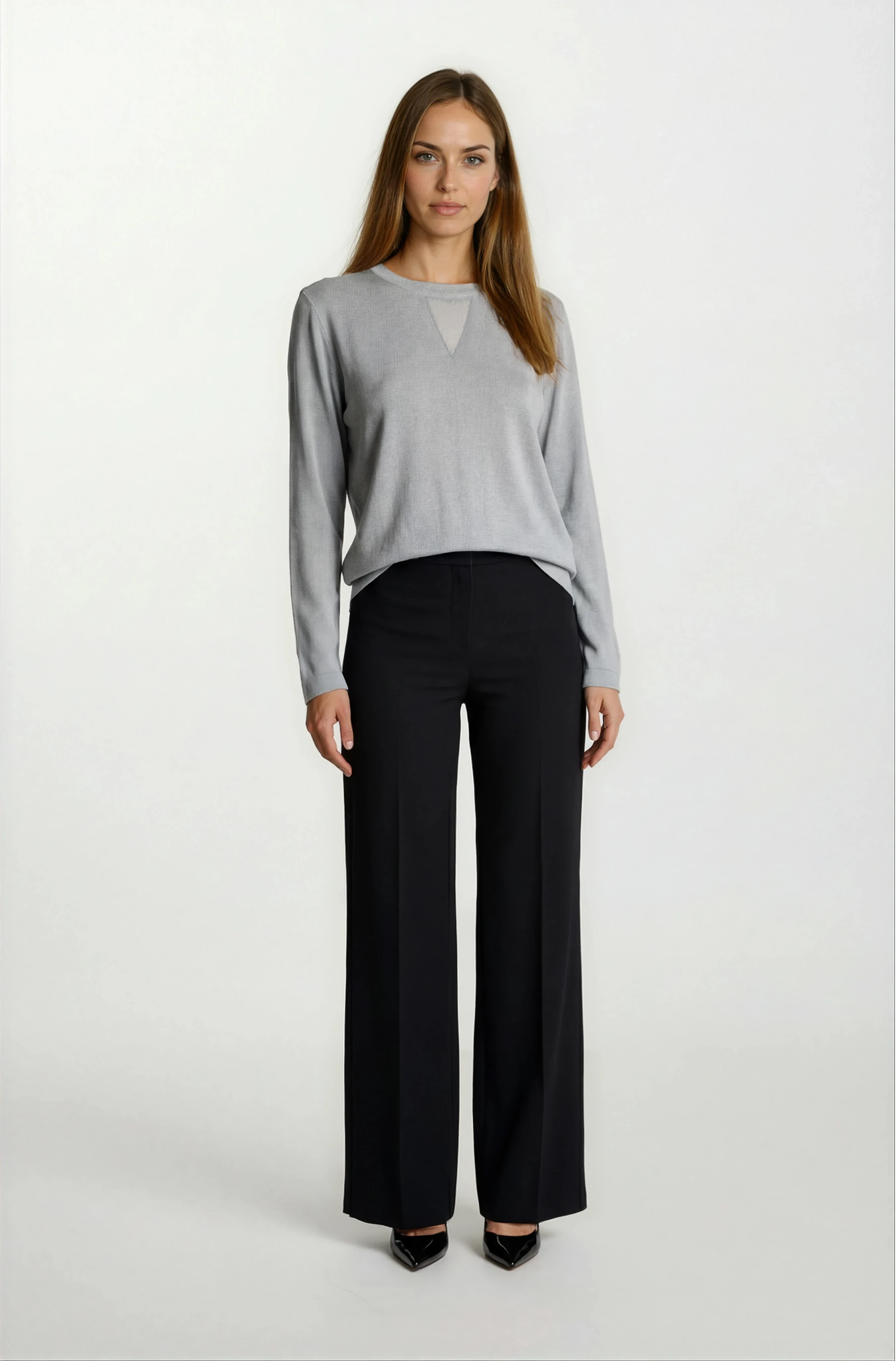 Flanigan Bisiklet Yaka Üçgen Simli Tül Detaylı Triko GRİ