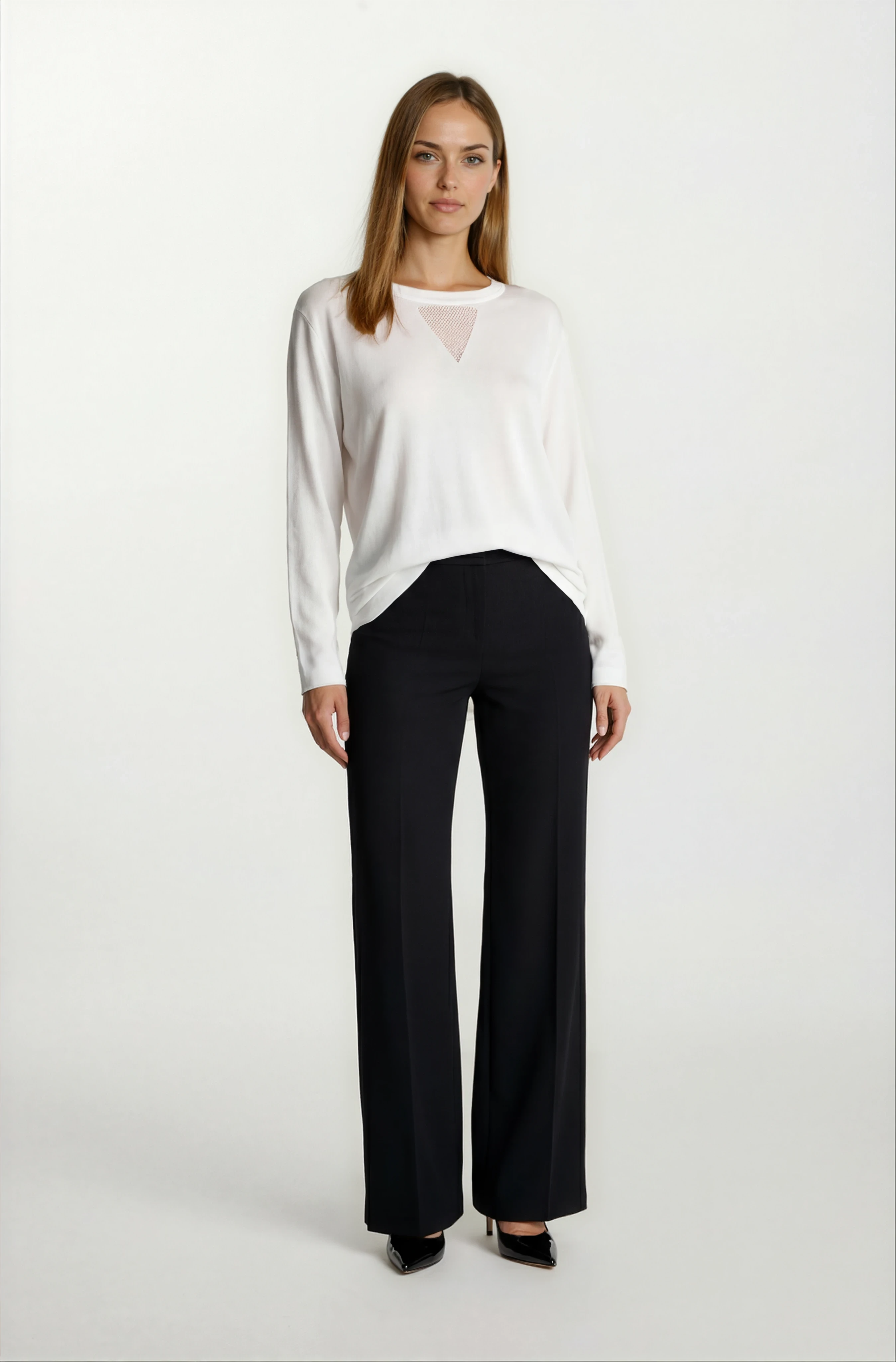 Flanigan Bisiklet Yaka Üçgen Simli Tül Detaylı Triko EKRU