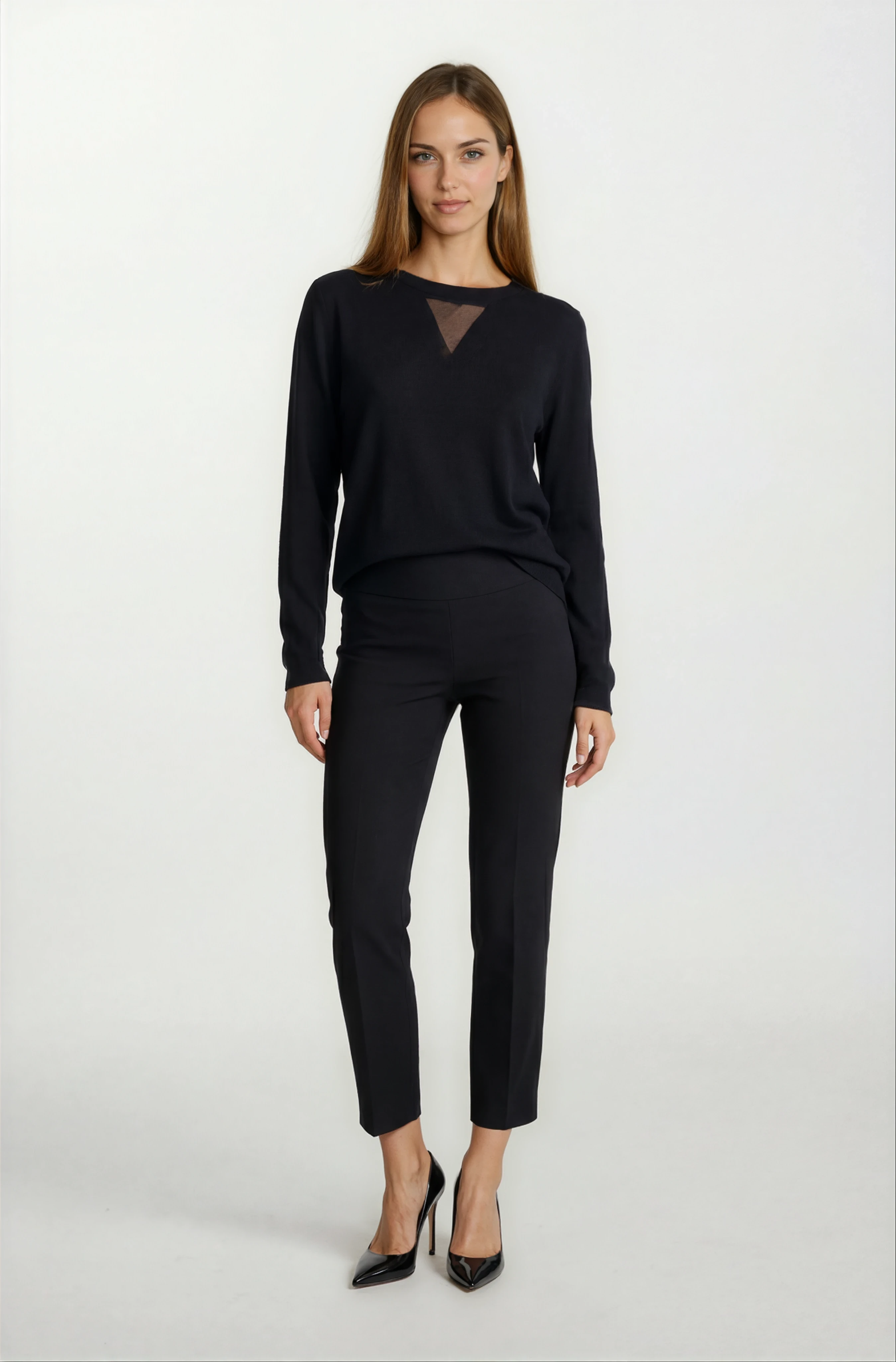 Flanigan Bisiklet Yaka Üçgen Simli Tül Detaylı Triko SİYAH