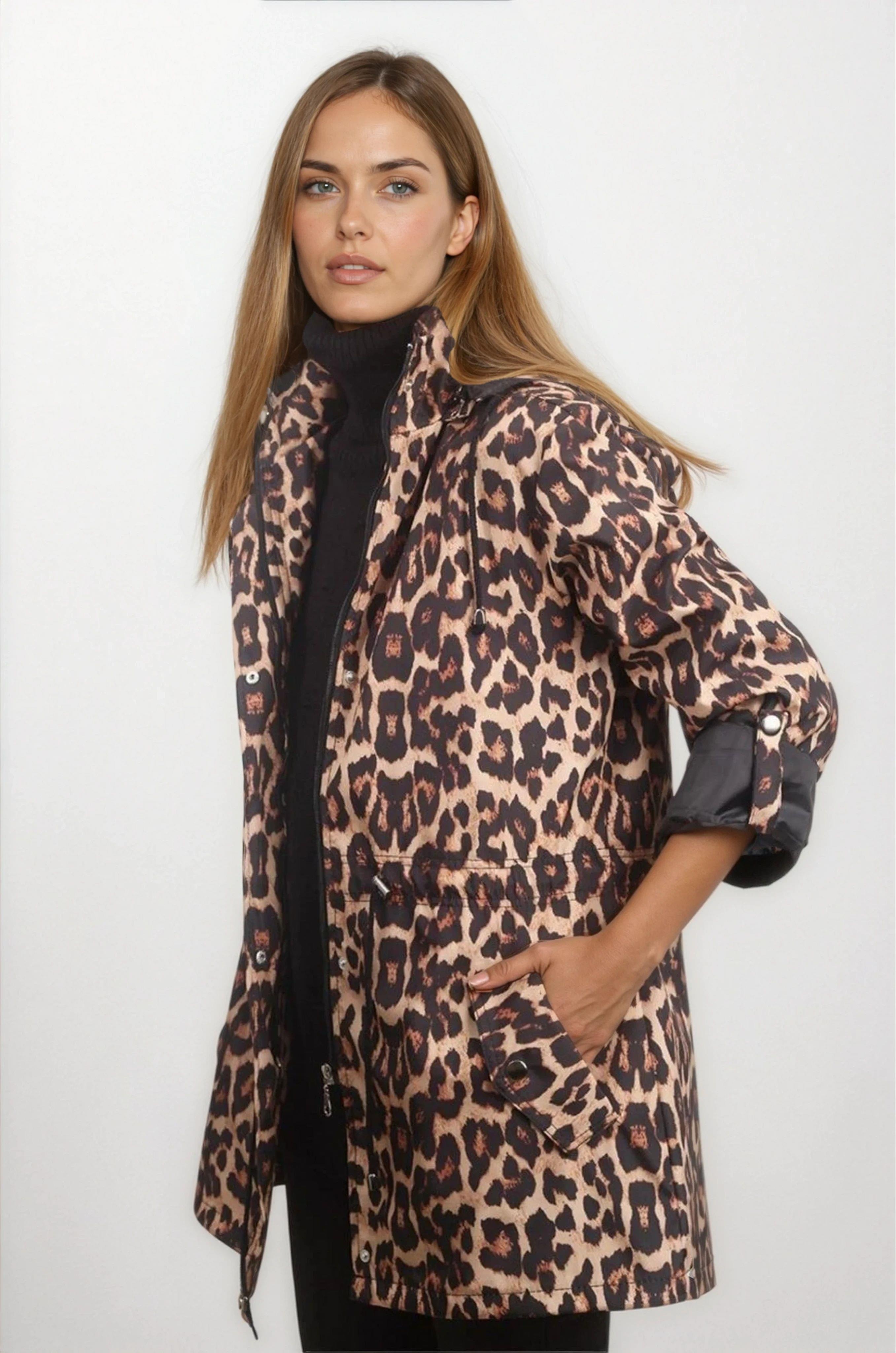 Fleana Leopar Desenli Kapüşonlu Mevsimlik Parka SİYAH