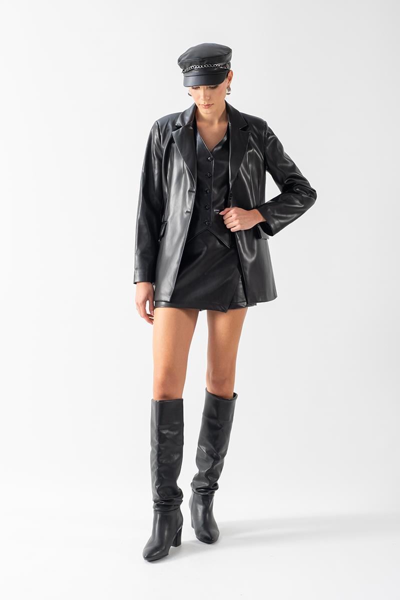 Flemming Klasik Yaka Bele Oturan Deri Ceket SİYAH