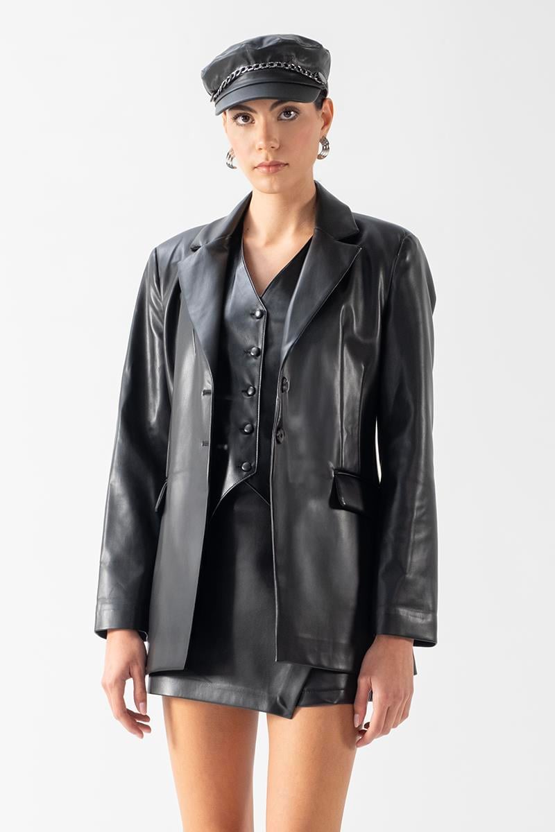 Flemming Klasik Yaka Bele Oturan Deri Ceket SİYAH