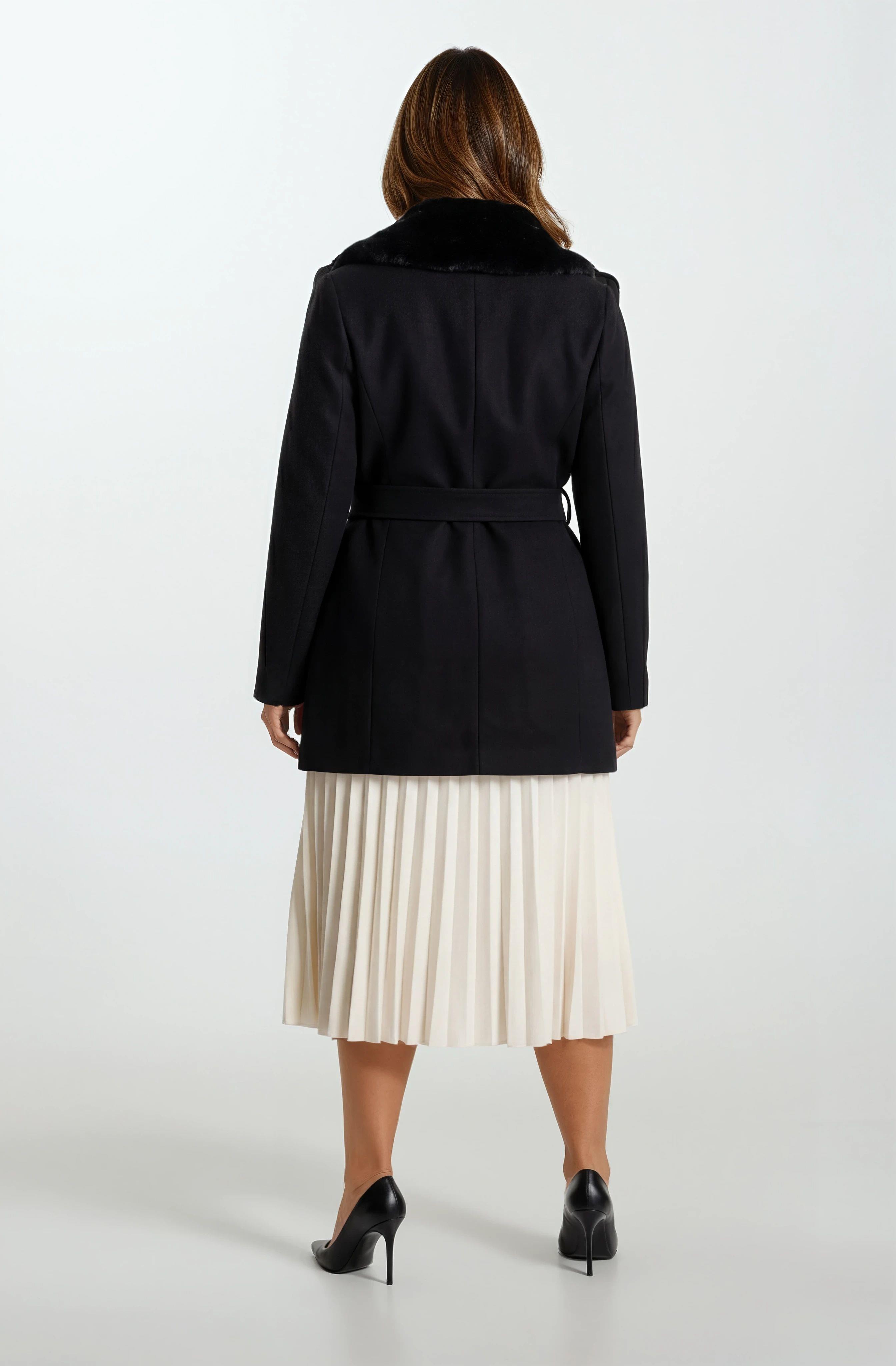 Forestier Şal Yaka Kürklü Tek Düğme Kuşaklı Kaban SİYAH