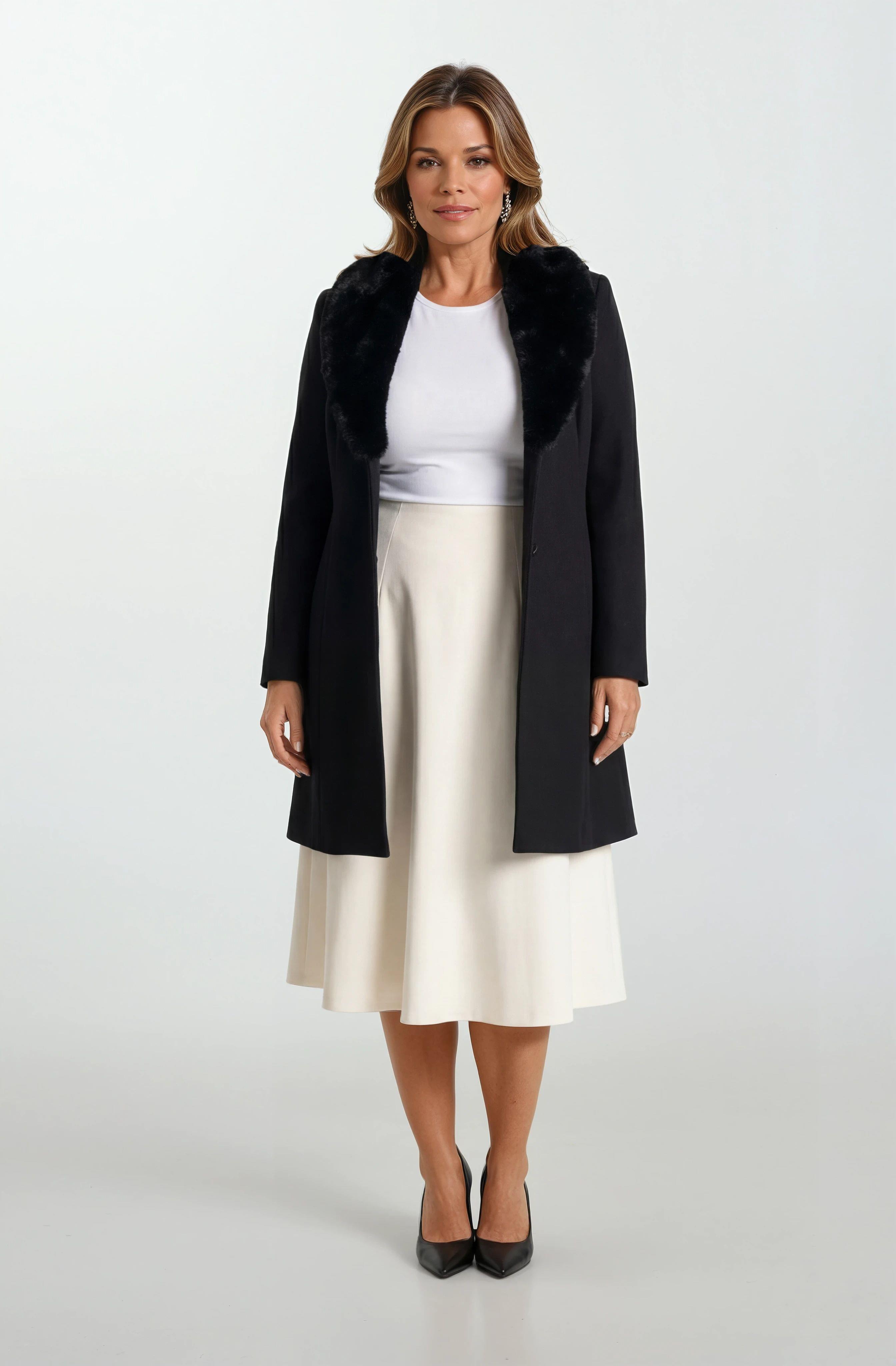 Forestier Şal Yaka Kürklü Tek Düğme Kuşaklı Kaban SİYAH