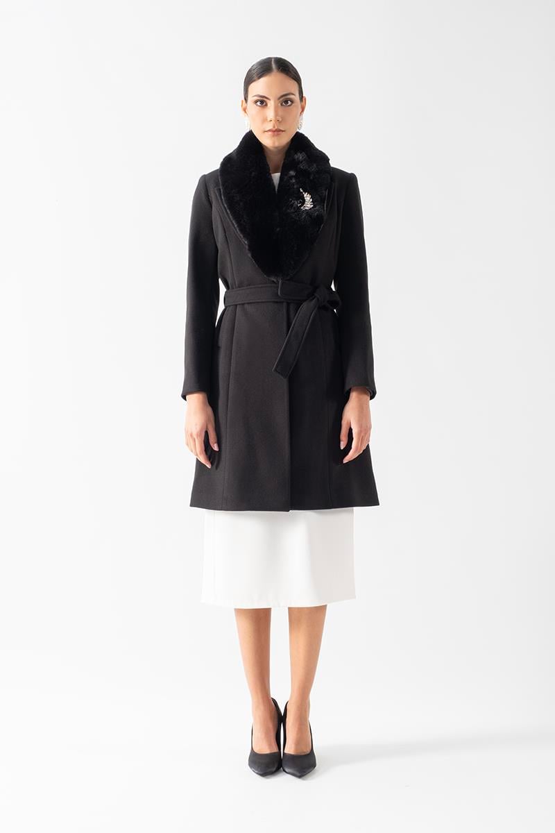 Forestier Şal Yaka Kürklü Tek Düğme Kuşaklı Kaban SİYAH
