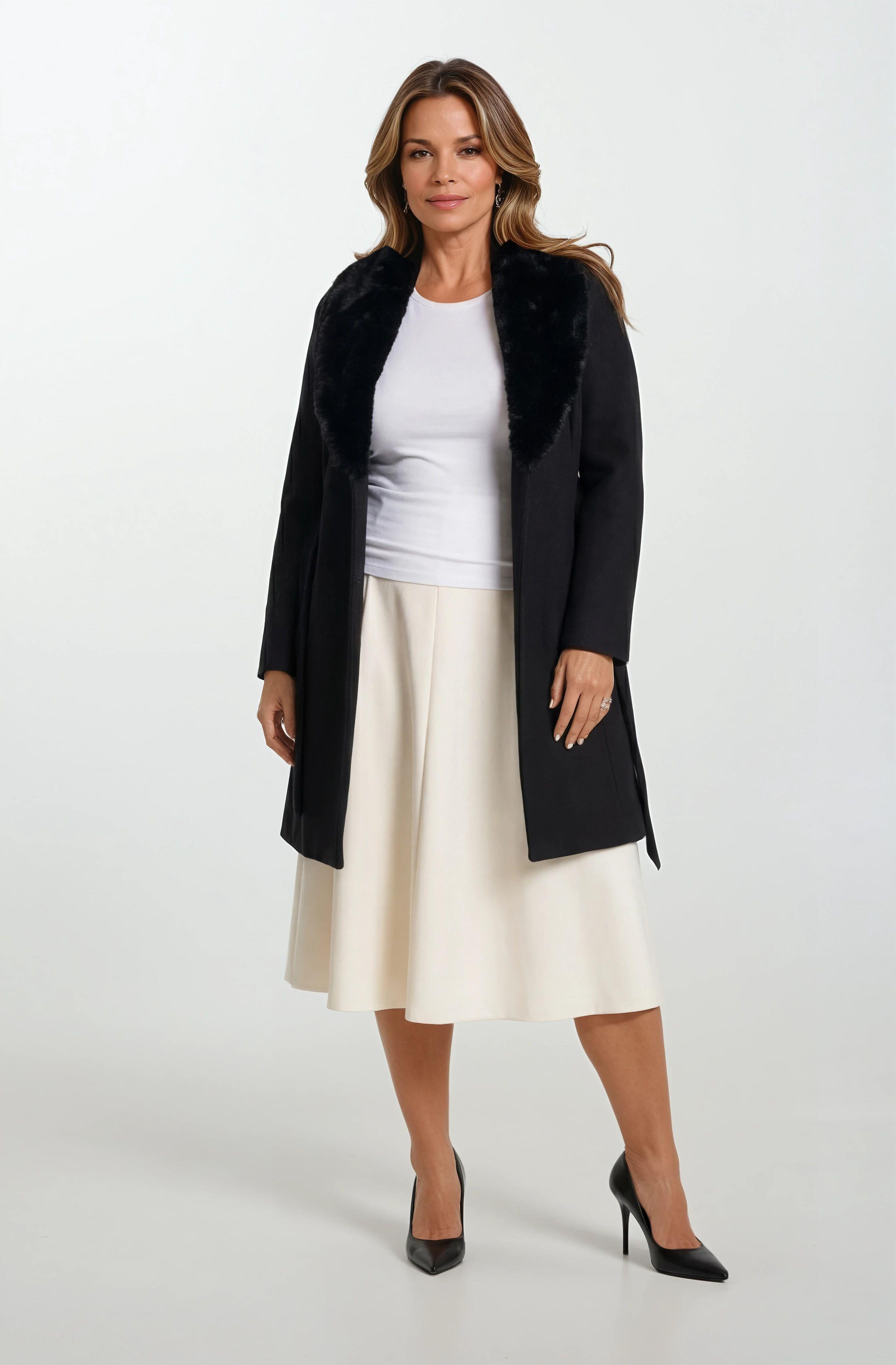 Forestier Şal Yaka Kürklü Tek Düğme Kuşaklı Kaban SİYAH