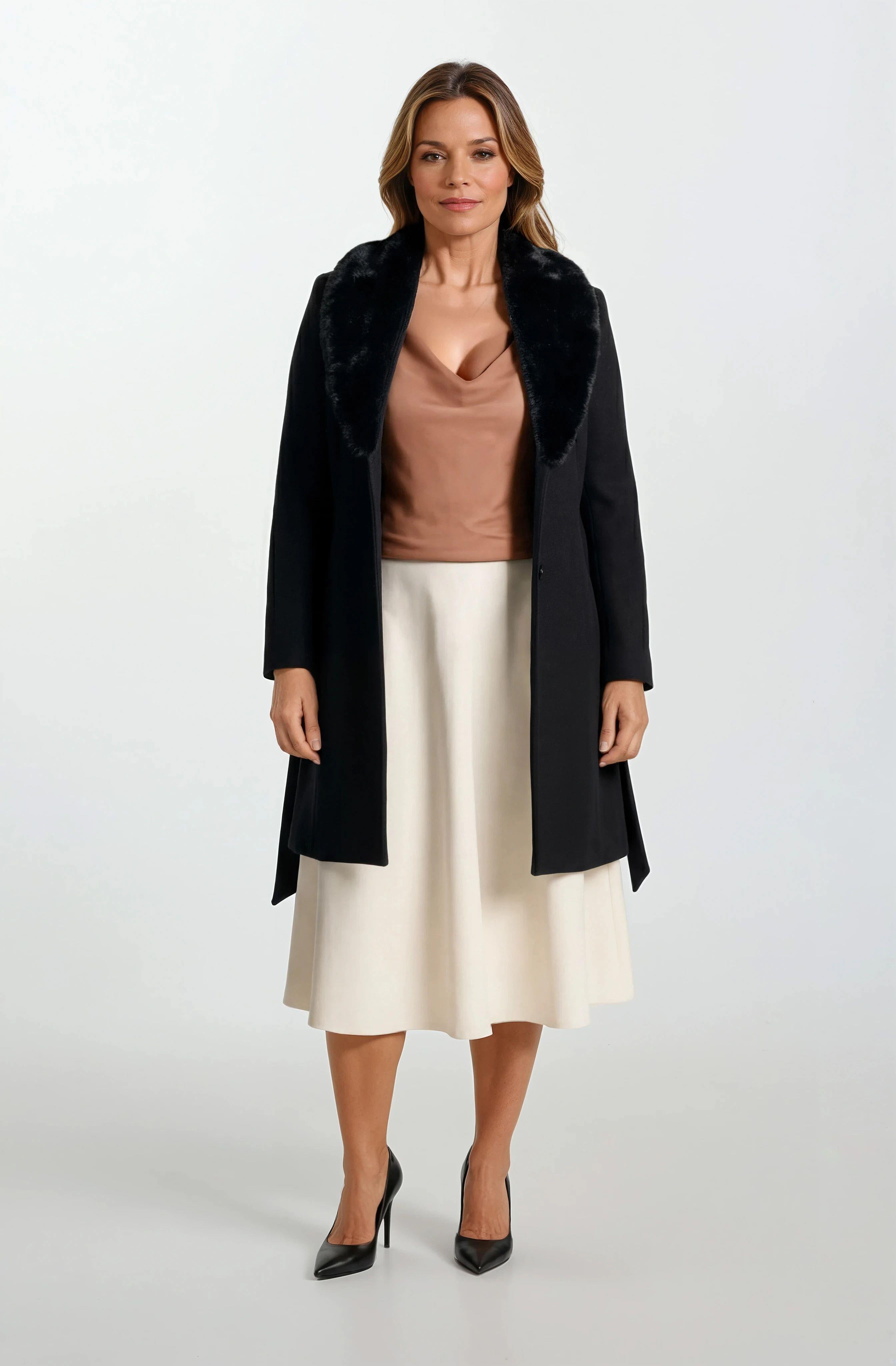 Forestier Şal Yaka Kürklü Tek Düğme Kuşaklı Kaban SİYAH