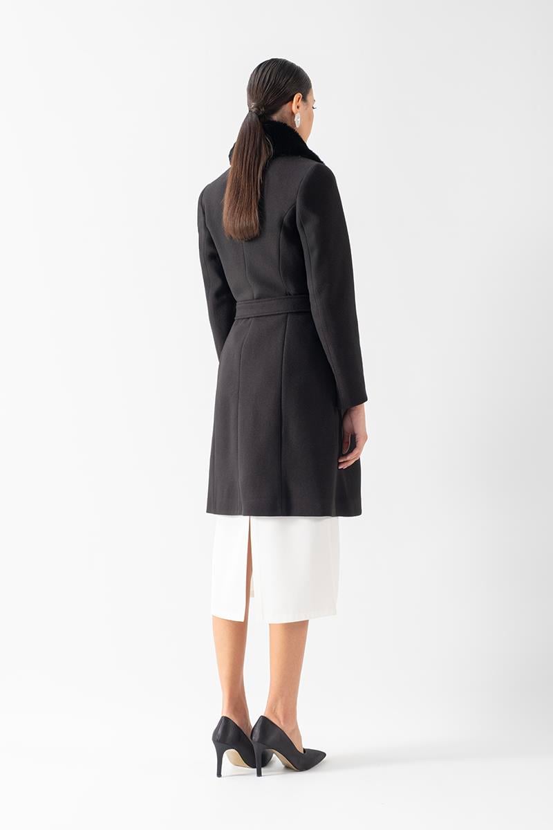 Forestier Şal Yaka Kürklü Tek Düğme Kuşaklı Kaban SİYAH