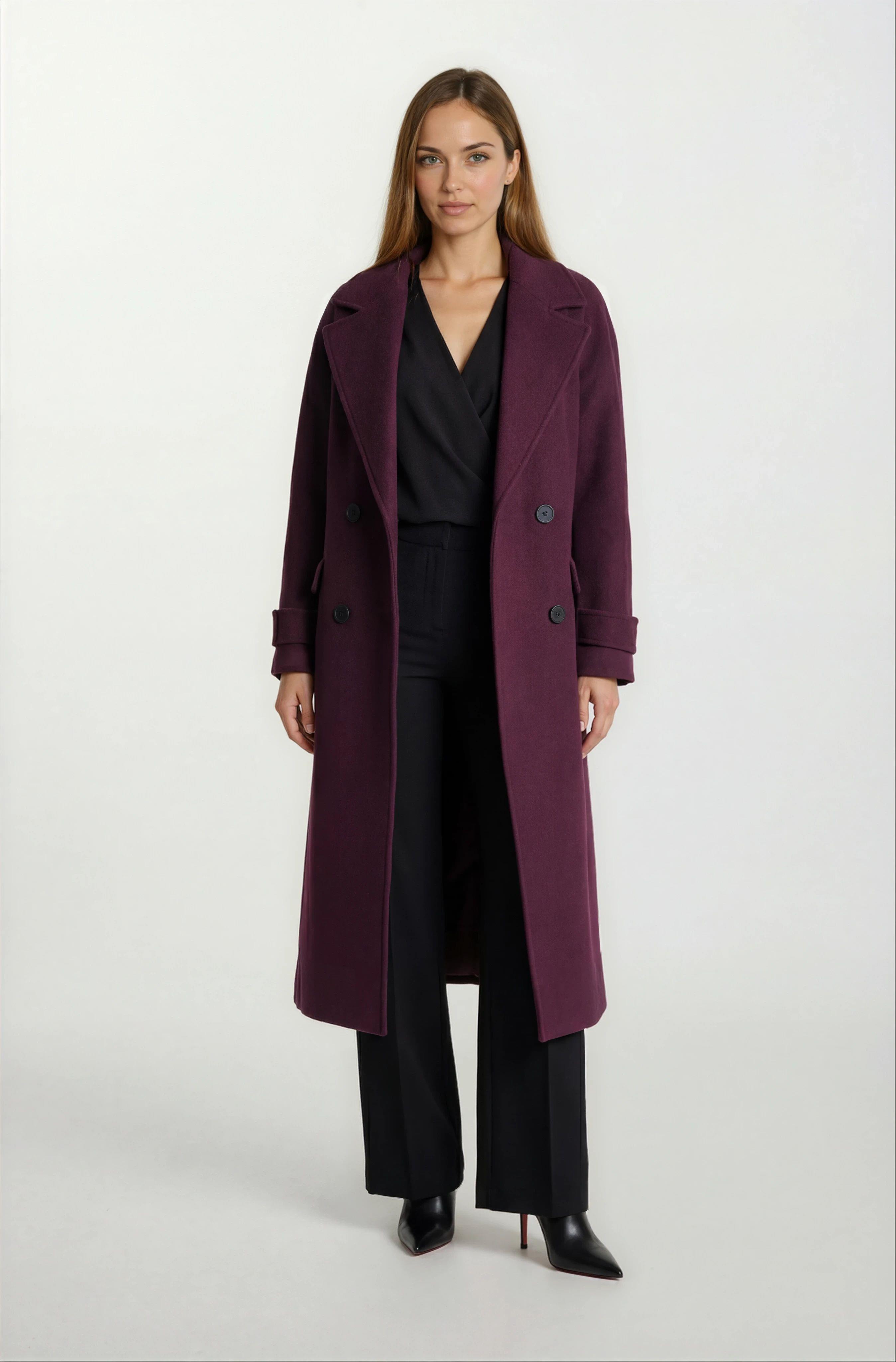 Frassica Kruvaze Yaka Üstten Kapaklı Cepli Kolu Bantlı Kaban MÜRDÜM