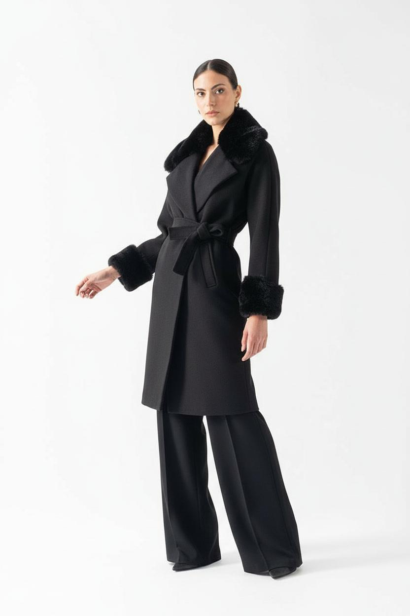 Friedricks Kruvaze Yakası Kolları Kürklü Kaban SİYAH