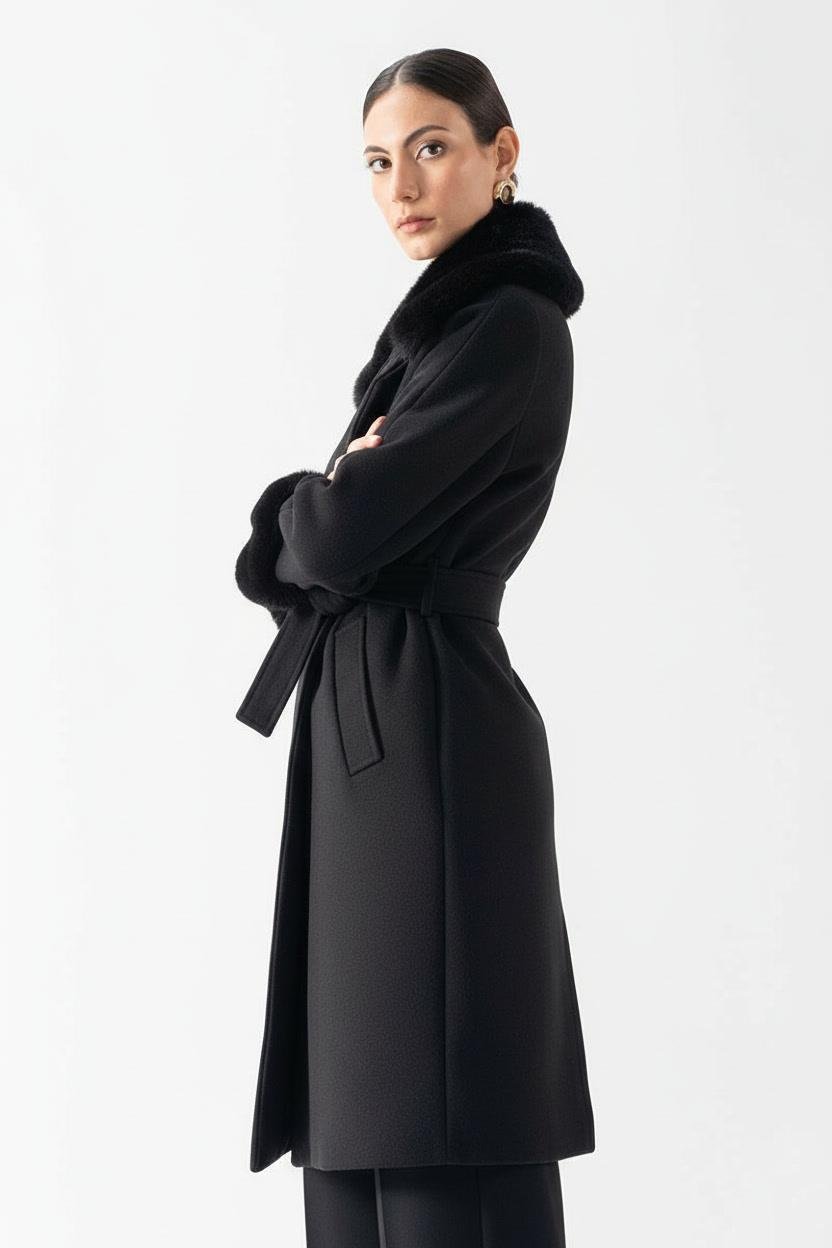 Friedricks Kruvaze Yakası Kolları Kürklü Kaban SİYAH